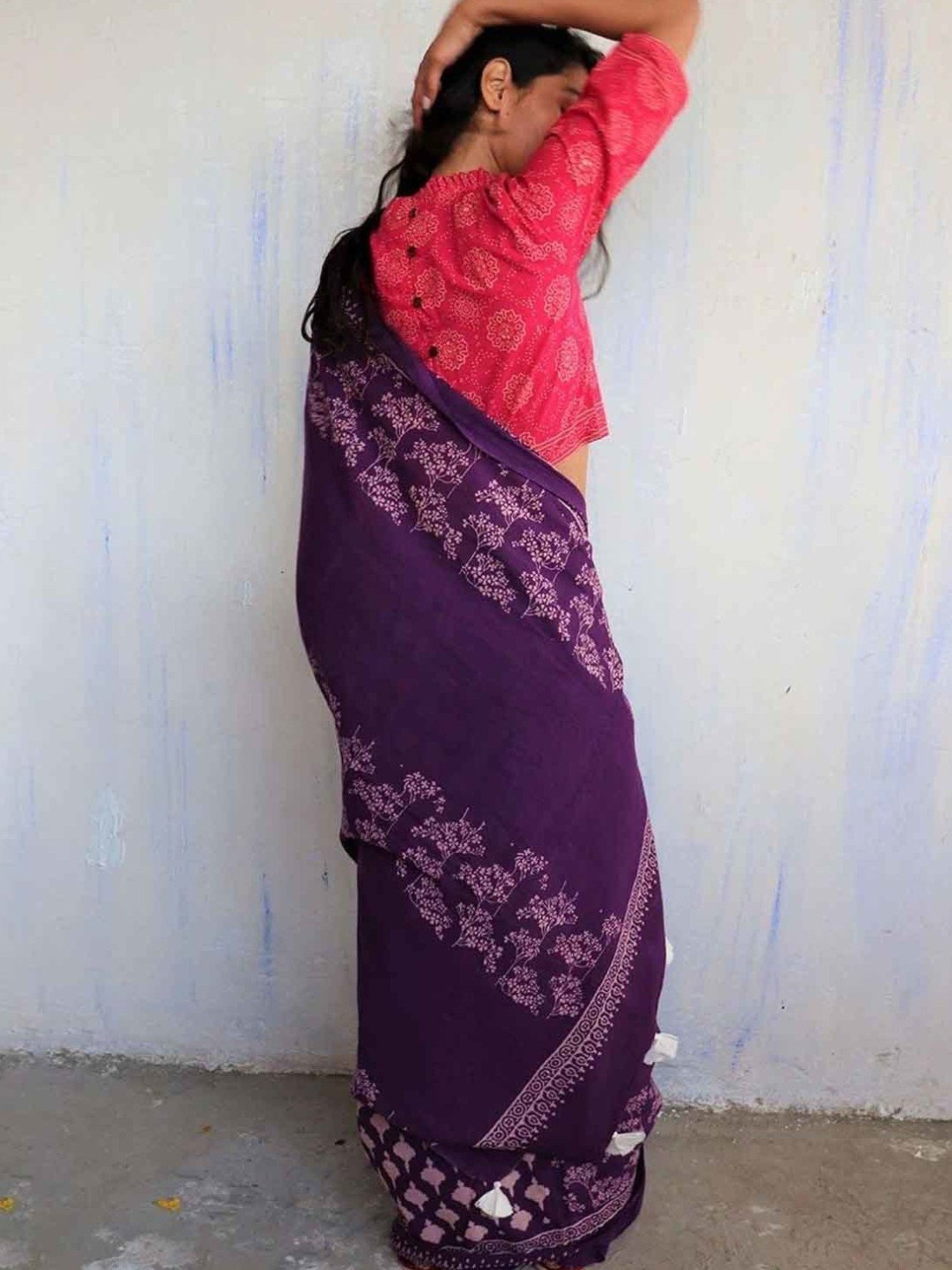 Chidiyaa Purple Block Printed Cotton Mulmul Saree - Butterfly Girls