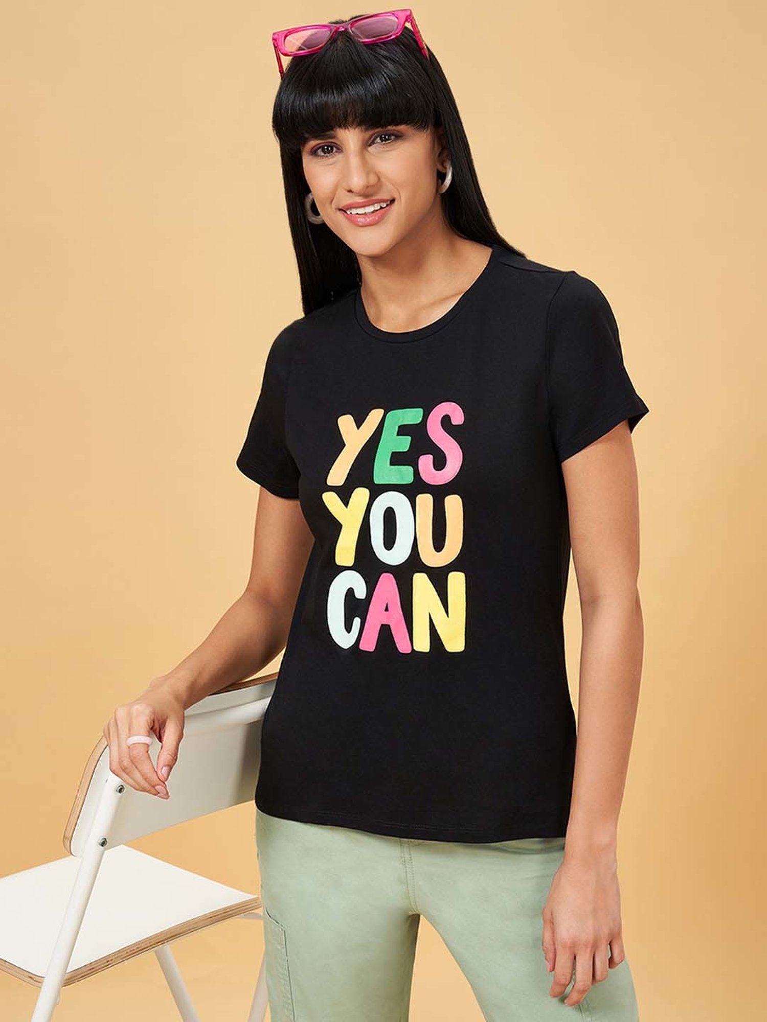 People by Pantaloons Jet Black Cotton Printed T-Shirt