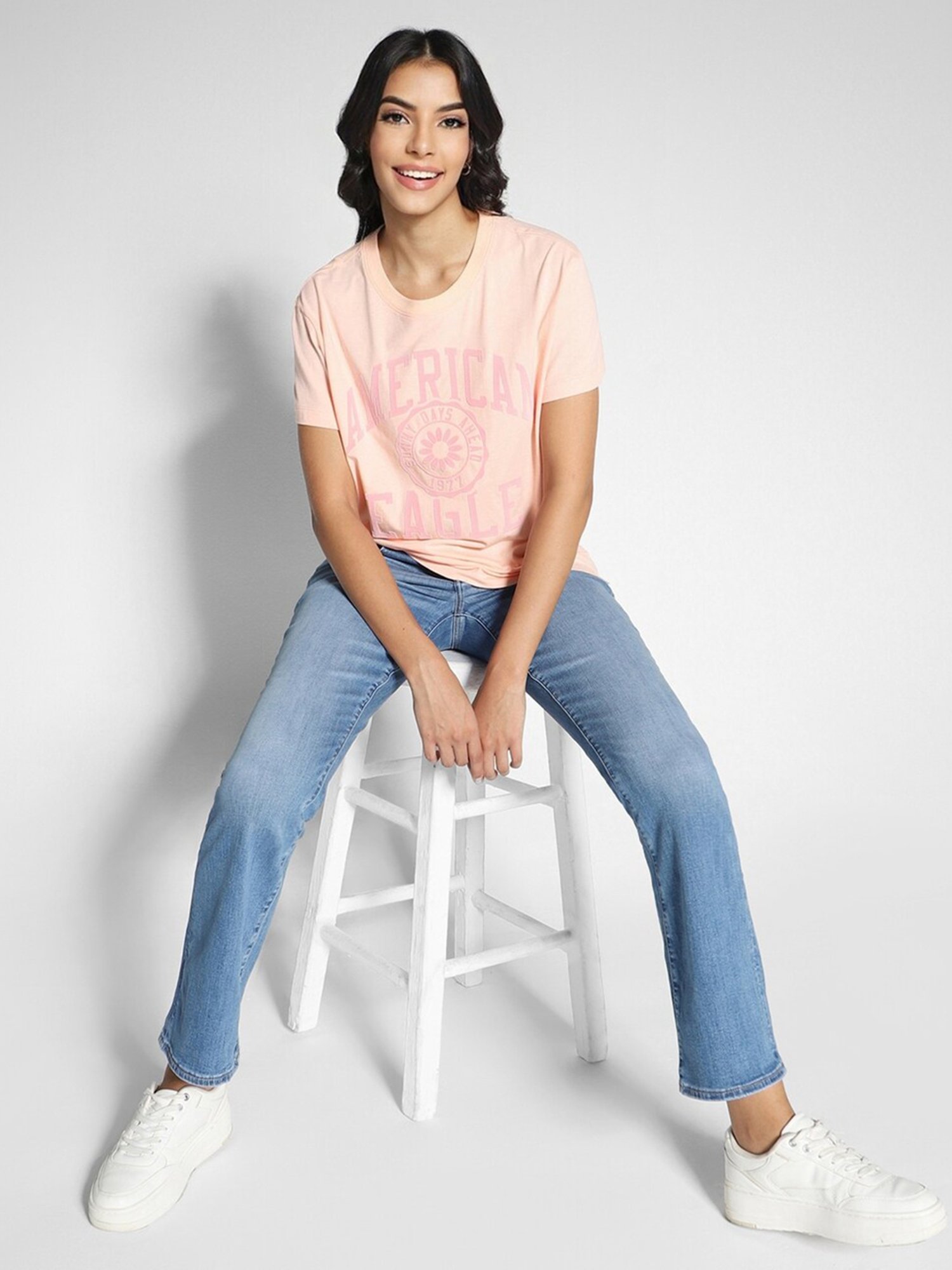 American Eagle Outfitters Peach Cotton Graphic Print T-Shirt