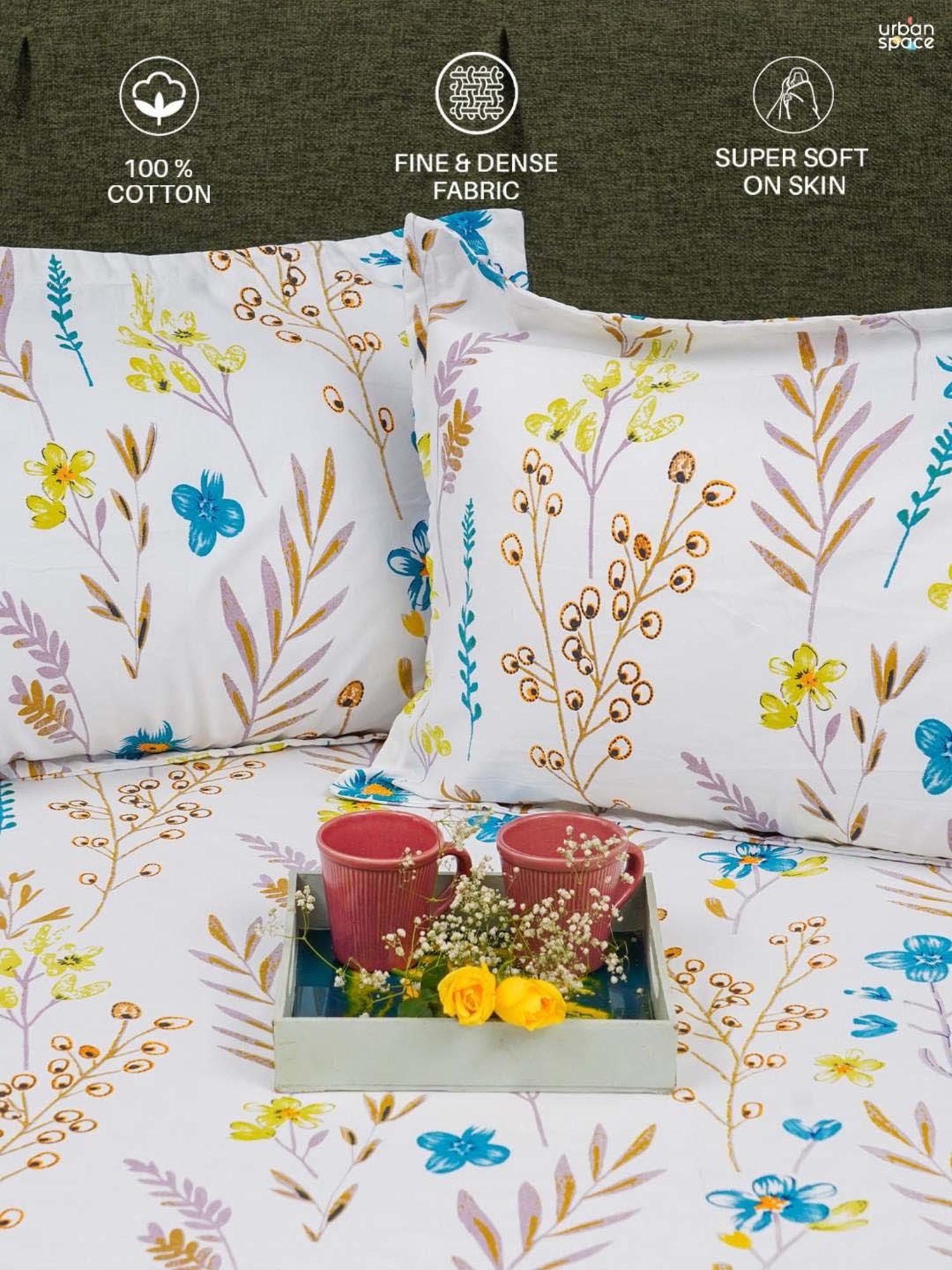 Urban Space Serene Blue Cotton 200 TC Queen Size Bedsheet With Pillow Covers