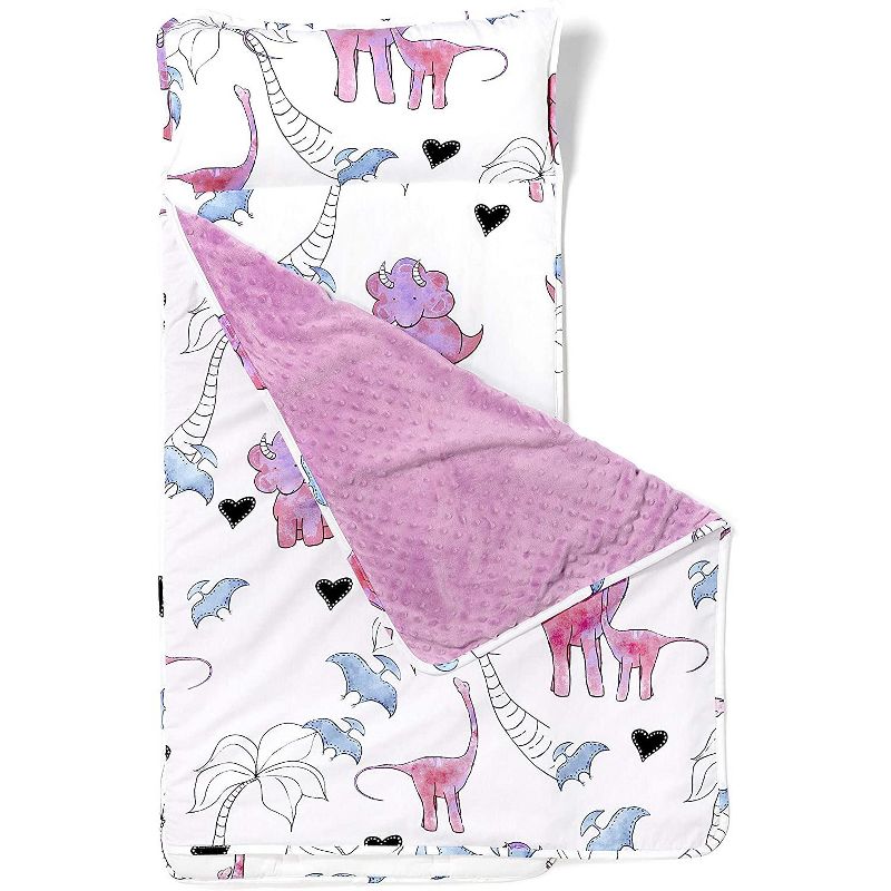 JumpOff Jo Toddler Nap Mat - Children's Sleeping Bag with Removable Pillow for Preschool, Daycare, and Sleepovers - 43 x 21 Inches - Pink Dino