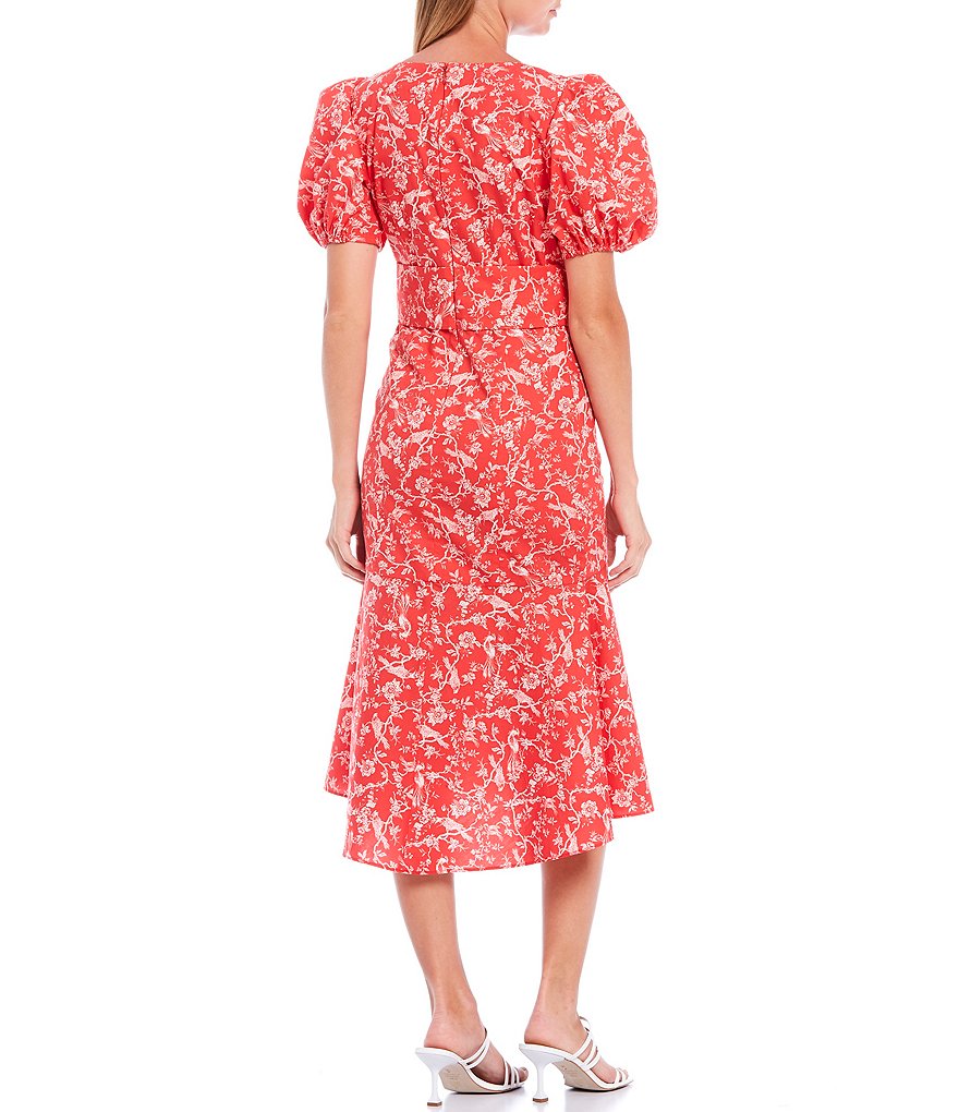 Sachin & Babi Courtney Floral Puff Sleeve Deep V-Neck Bow Front Midi Dress