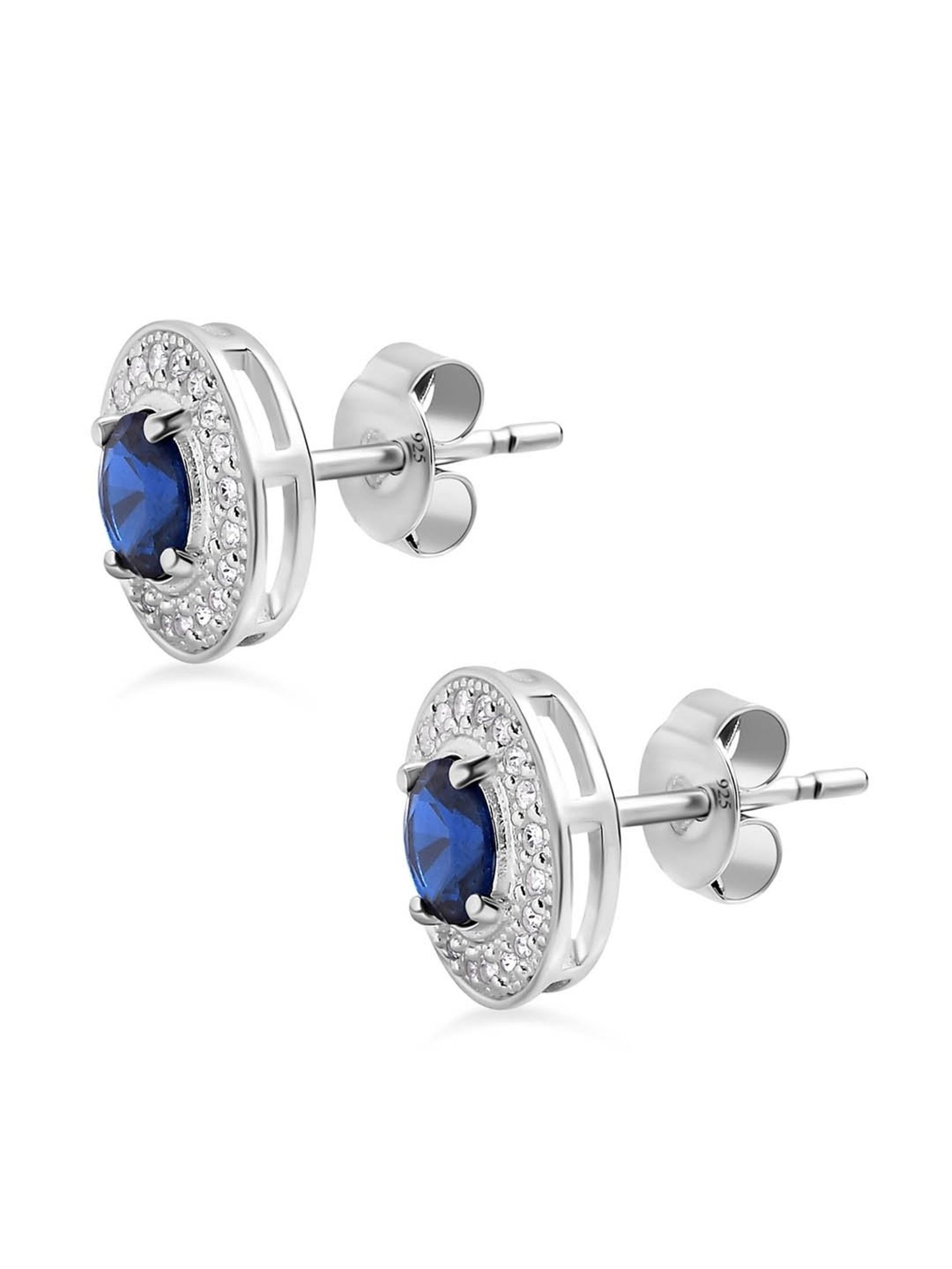 925 Silver Solitaire Blue Sapphire and American Diamond Halo Stud Earrings for Women & Girls