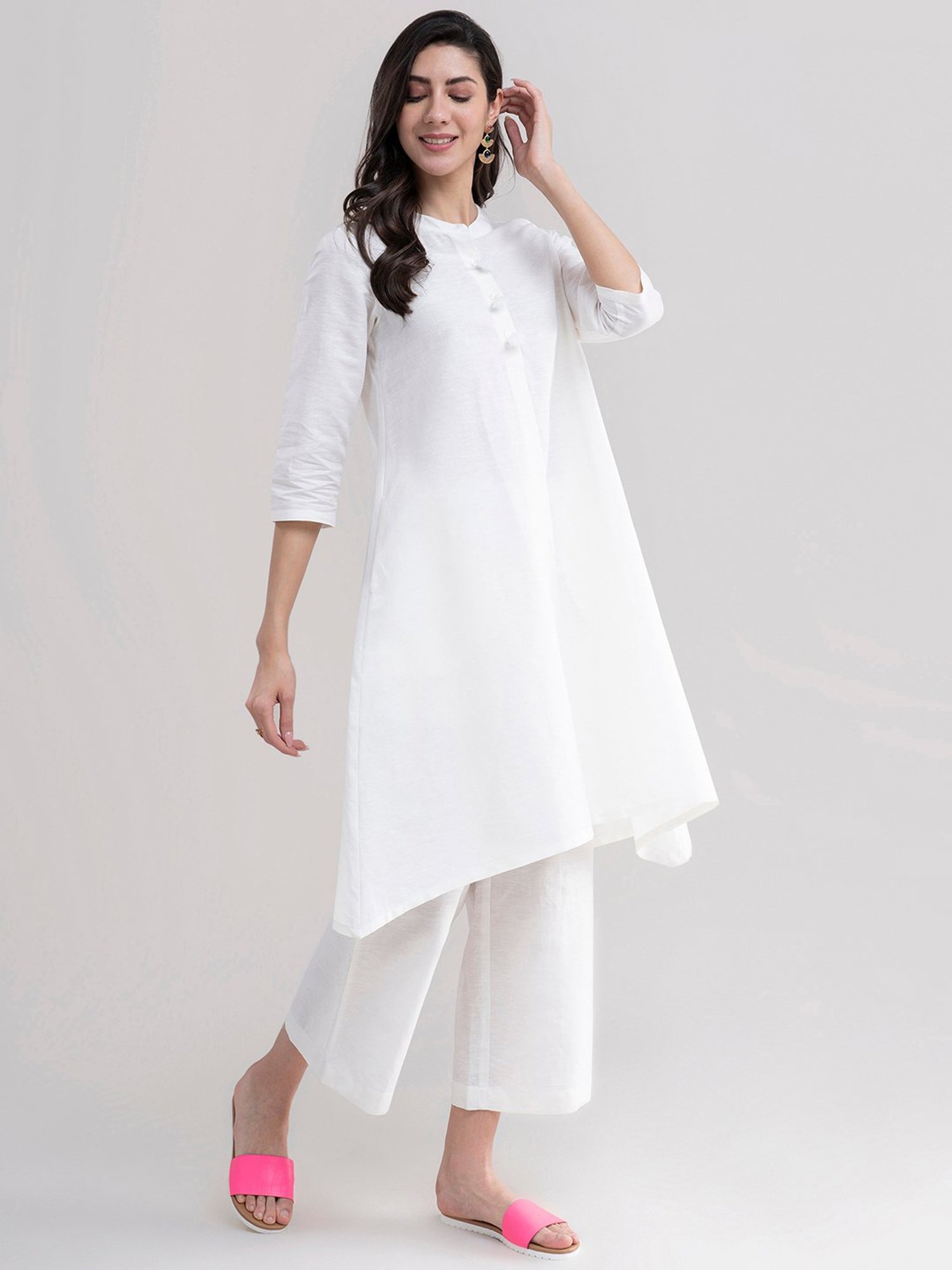 Pink Fort White Cotton A Line Kurta