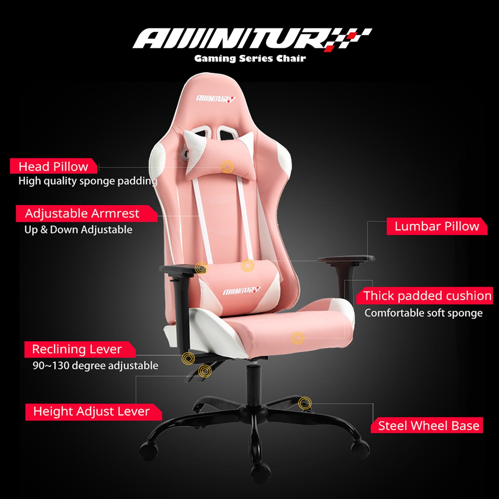 Gaming Chair, Racing Style Computer Desk Chair Padded Armrests Ergonomic Lumbar Support Adjustable Height