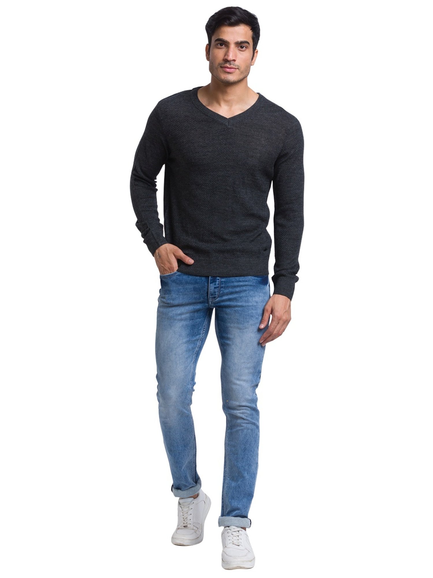 Parx Grey Regular Fit Self Pattern Sweater