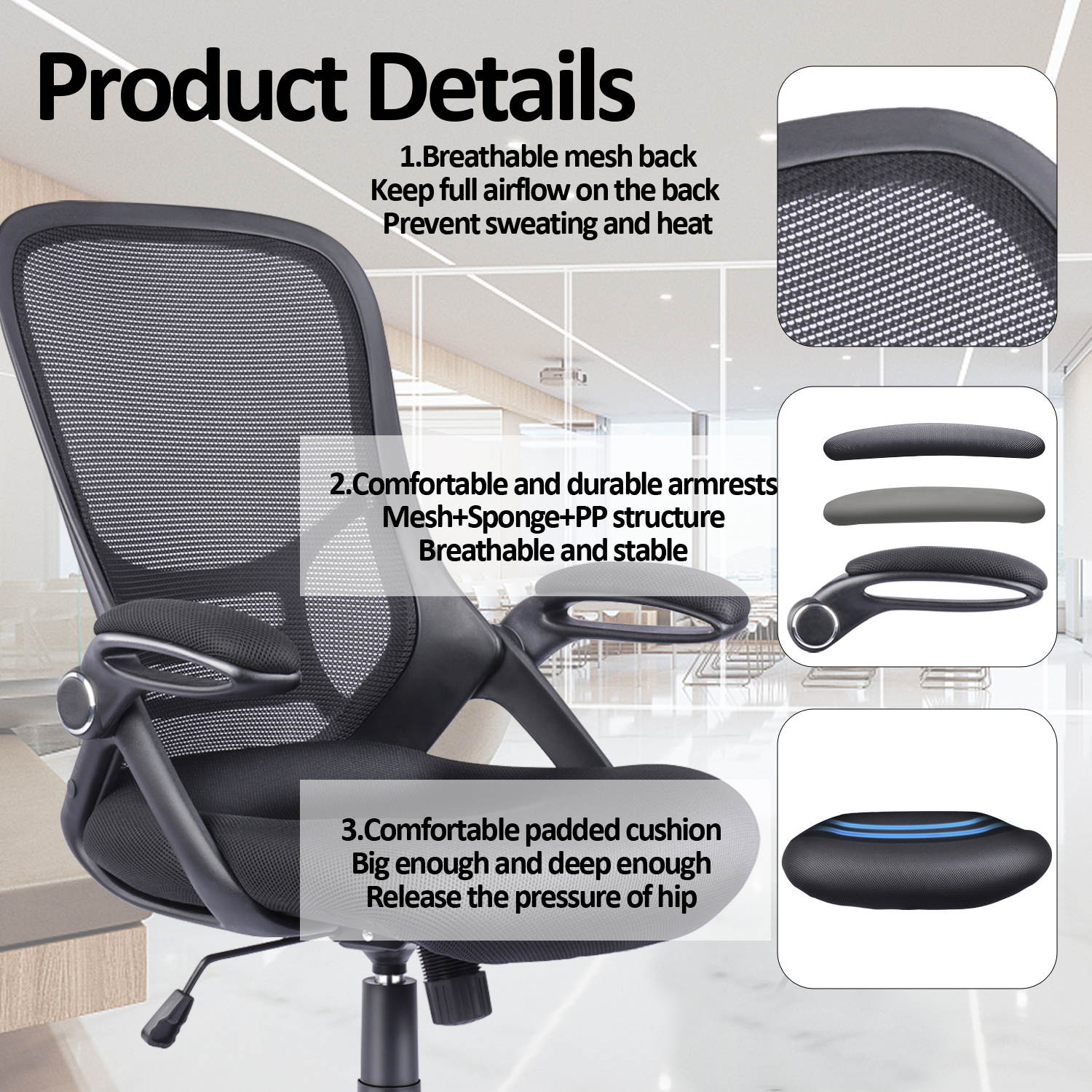 Big and Tall Office Chair, Mesh Home Office Desk Chair Clearance, Swivel Computer Task Chair with Flip-up Arms, Ergonomic High-Back Office Chair, Height Adjustable(Black)