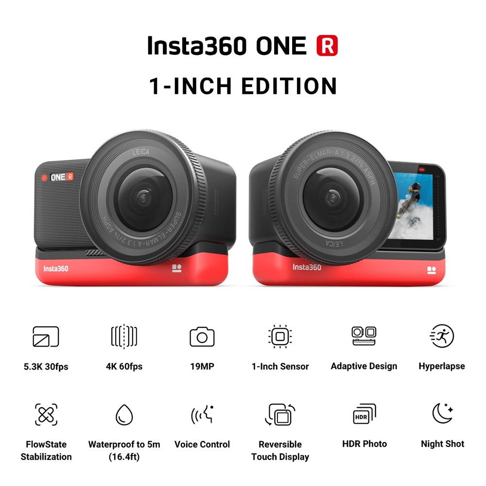 Insta360 ONE R 1-INCH EDITION Anti-shake Sports Action Camera 5.3K 30fps 1-Inch Sensor Wide Angle Lens 5M Body Waterproof Supports FlowState Stabilization Hyperlapse Voice Control Slow Motion Night