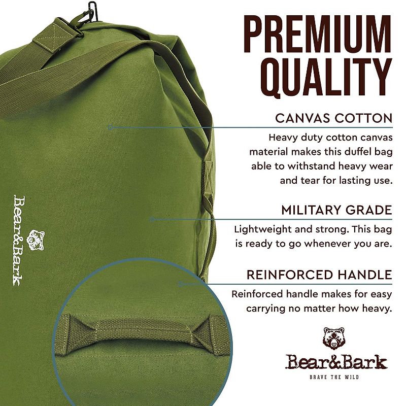 Bear&Bark Giant Lightweight Military and Army Style Top Loader Duffel Bag for Traveling, 56 x 32 Inches, Green