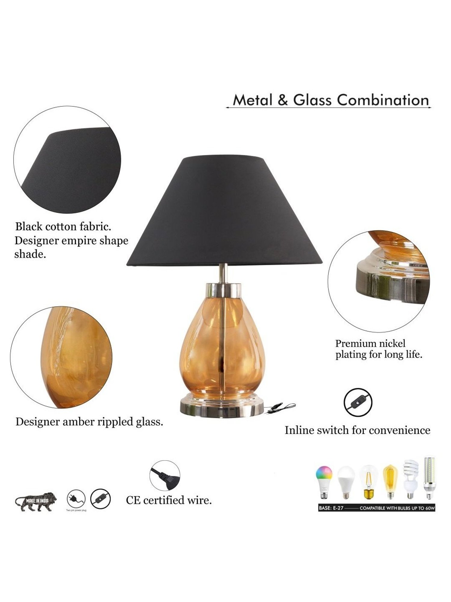 Kapoor Lamp Shades Amber & Pink Glass Fondi Finish Table Lamp