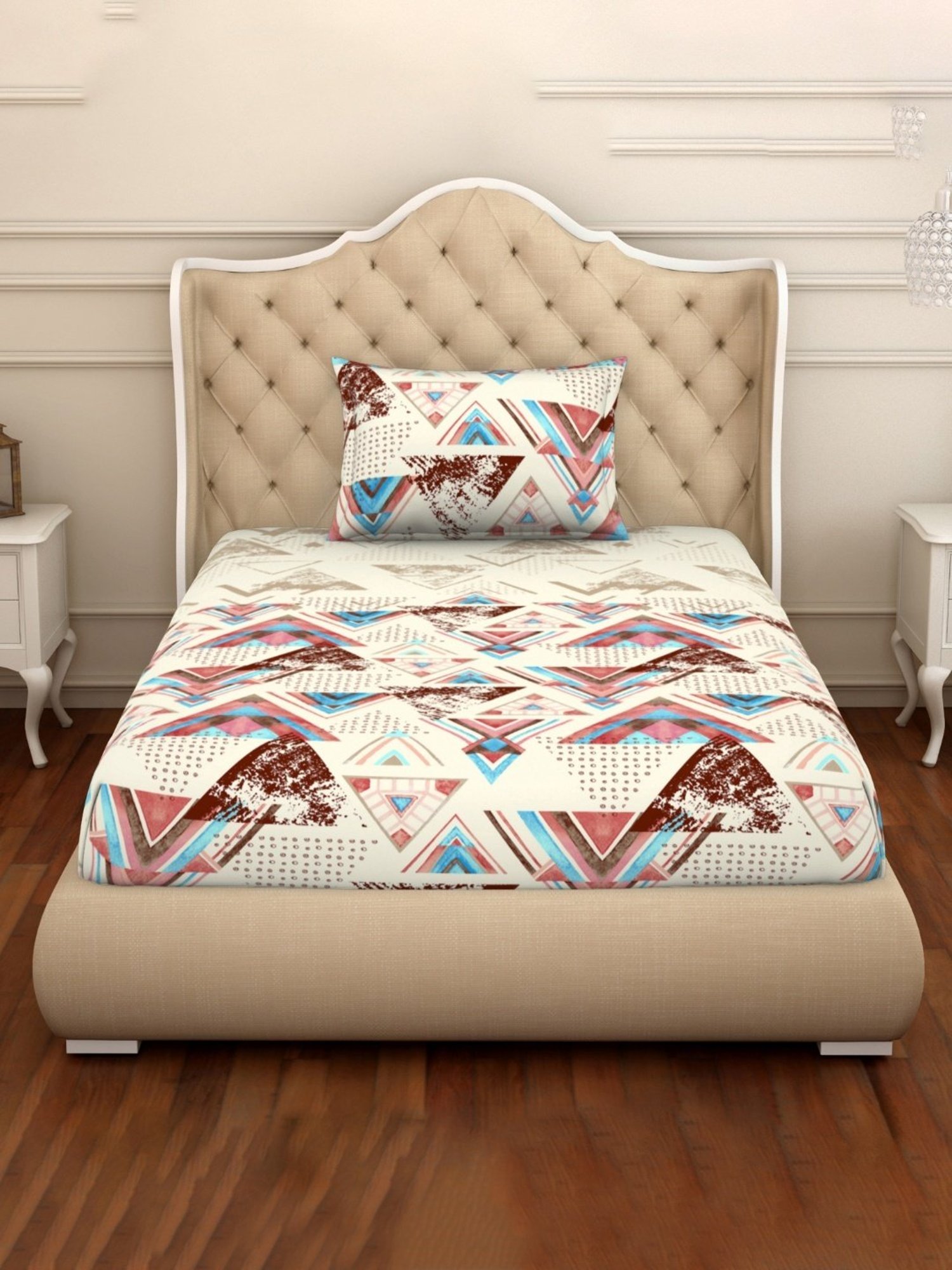 Welspun Geometric Multicolor Cotton Single Bedsheet with Pillow Cover