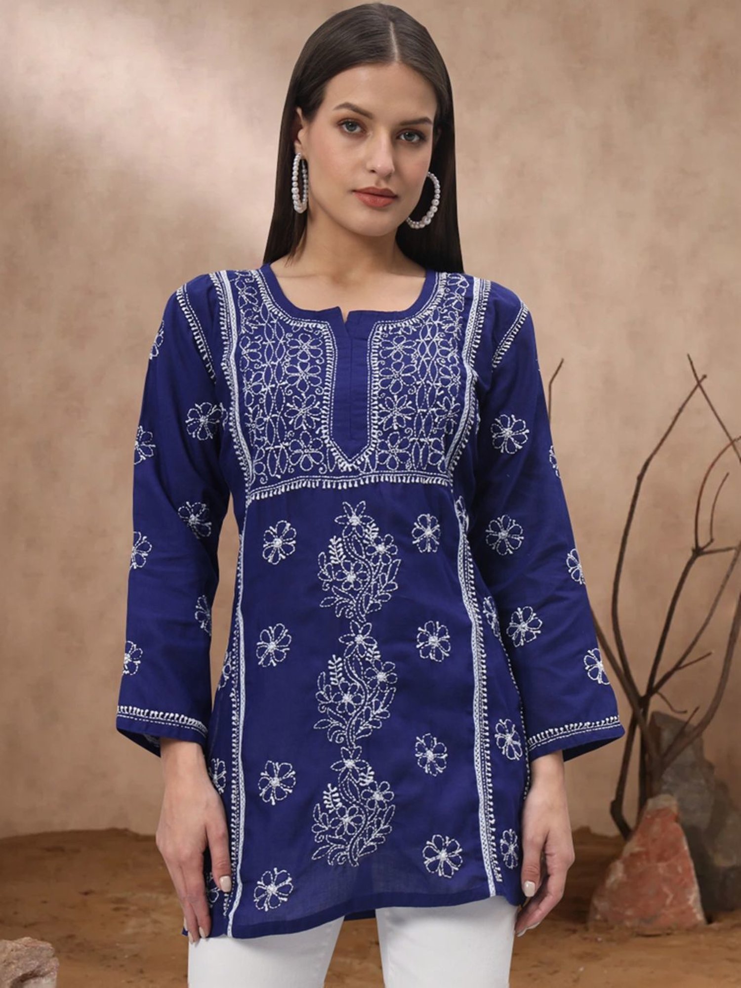 PARAMOUNT CHIKAN Royal Blue Cotton Hand Embroidered Chikankari Straight Kurti