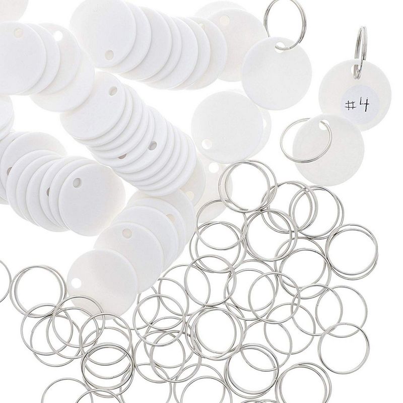 Juvale 96 Pack White Round Key Tags with Split Rings and White Sticker Labels (1.1 in)