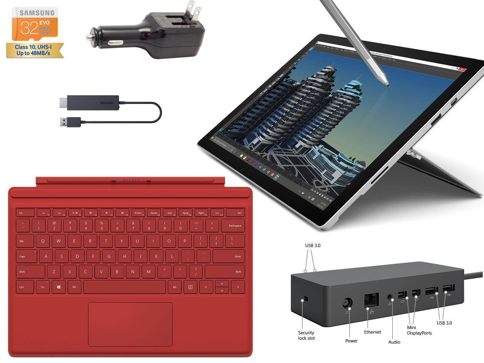 Microsoft Surface Pro 4 Core i5-6300U 4G 128GB 12.3" touch screen w/ 2736x1824 3K 3:2 QHD Windows 10 Pro (Red Cover, Dock, Wireless Display Bundle)