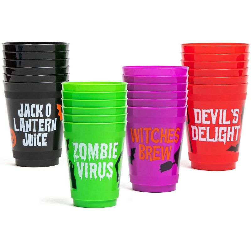 Spooky Central 24 Pack Halloween Plastic Party Cups, Witches Brew, Zombie Juice, Devil's Delight, Jack O Lantern Juice (16 oz)