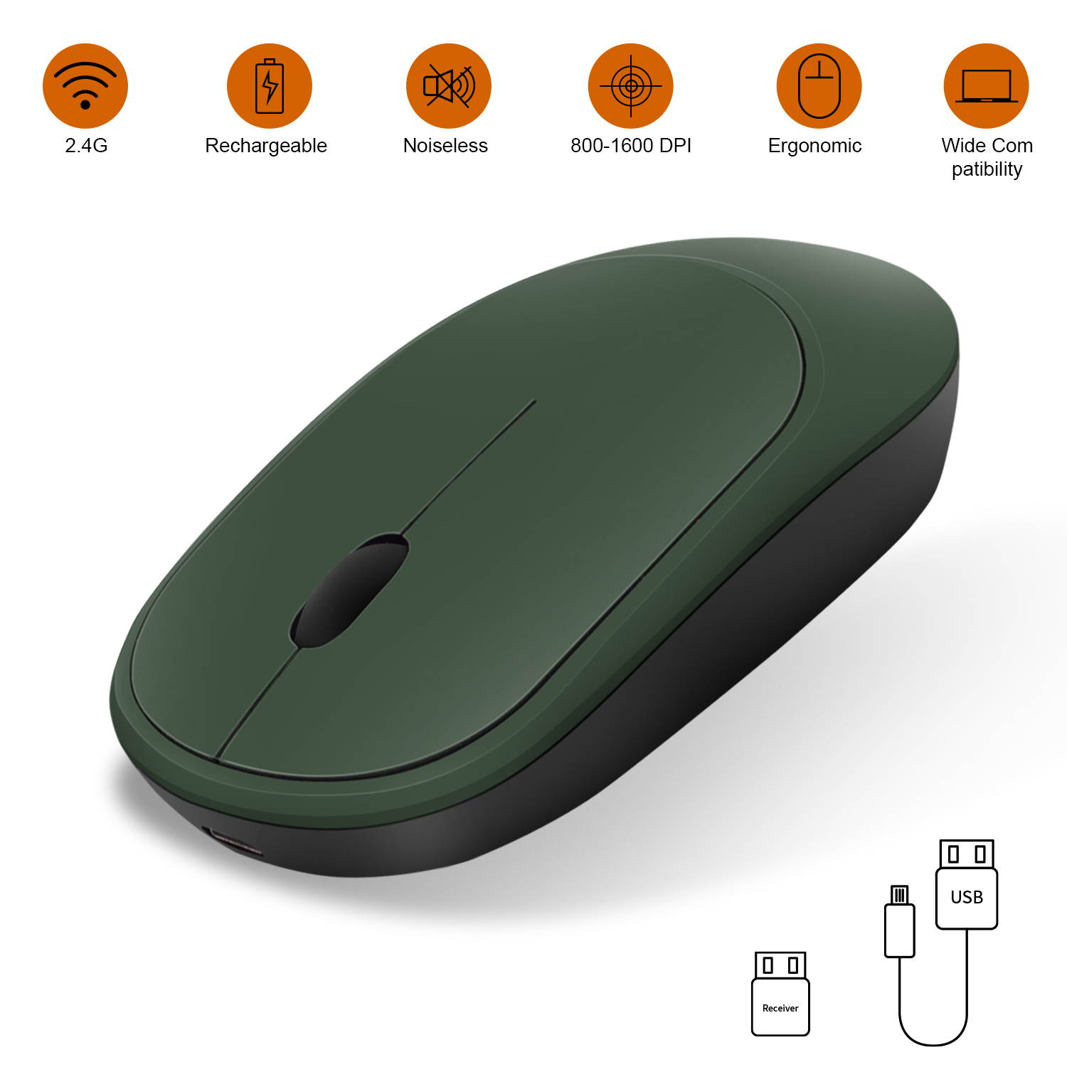 Anivia 2.4G Rechargeable Wireless Mouse with USB Receiver, Portable Ultra-Thin Noiseless Mouse for Notebook, PC, Laptop, Computer, MacBook - Dark Green