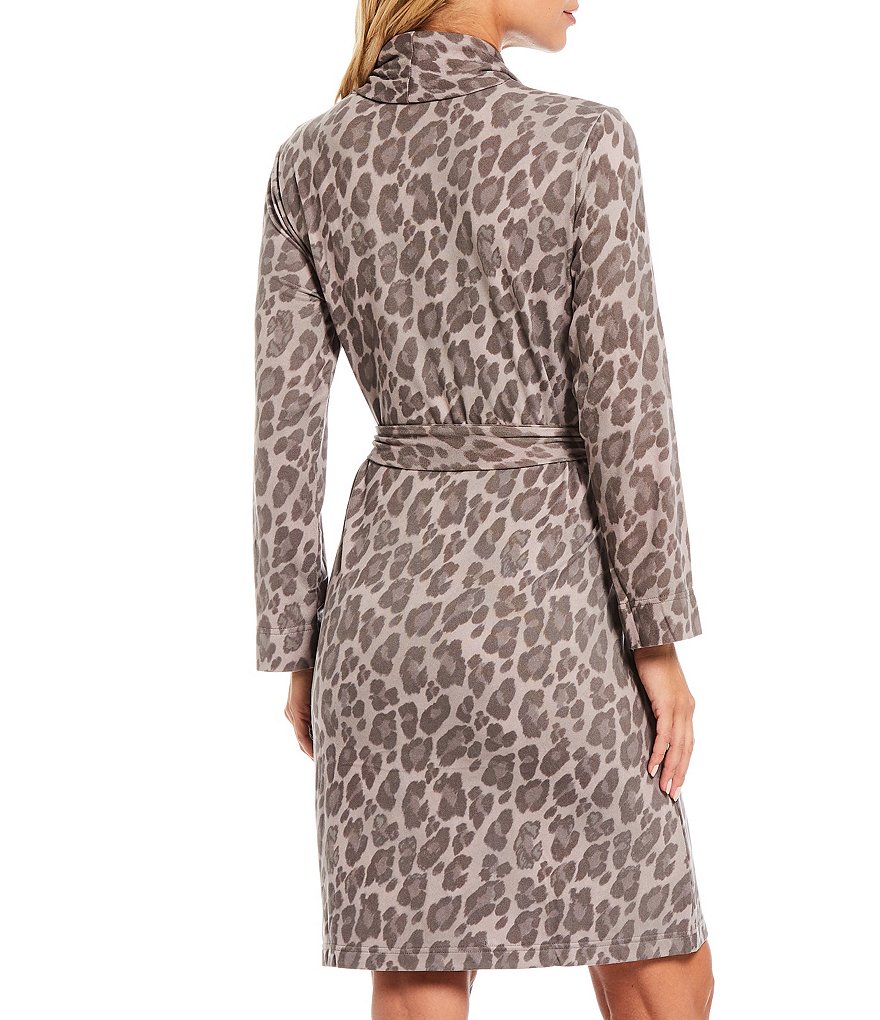 N by Natori Heathered Sweater Knit Shawl Collar Leopard Robe