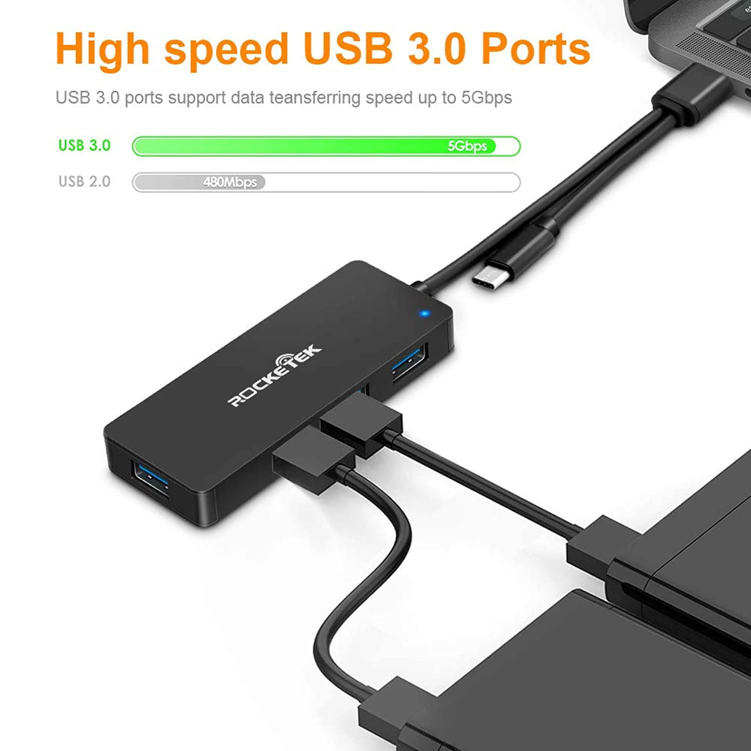 USB hub USB C Hub,rocketek Ultra Slim USB Type C Adapter with 4 USB 3.0 Ports for iMac Pro, MacBook Air, Mac Mini/Pro, Surface Pro XPS, Samsung S9, S8 & More USB Type C Devices [Upgraded Version]