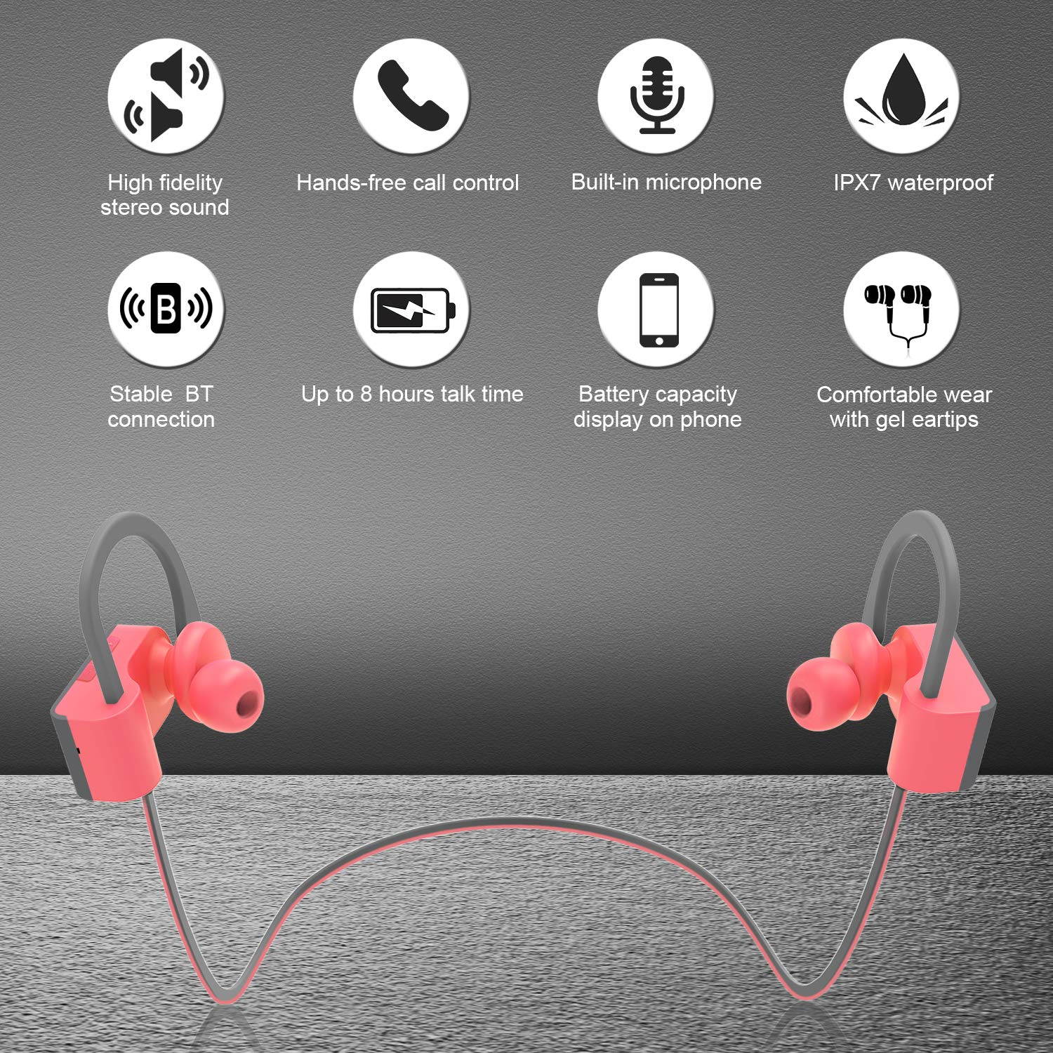 Bluetooth Headphones IPX7 Waterproof, Wireless Sport Earphones, HiFi Bass Stereo Sweatproof Earbuds w/Mic, Noise Cancelling Headset for Workout, Running, Gym, 8 Hours Play Time
