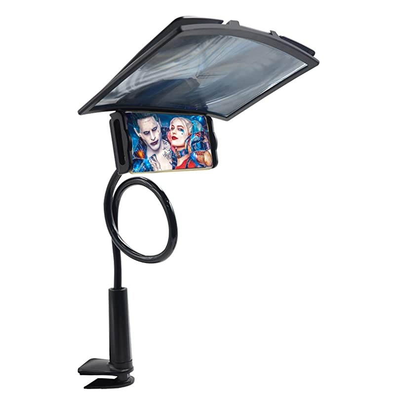 Phone Holder with 12 3D Curve Phone Screen MagnifierHD Screen Magnifier with Adjustable Clamp Lazy Phone Stand Phone Screen Amplifier Enlarger Compatible with for Smartphone Phone Black