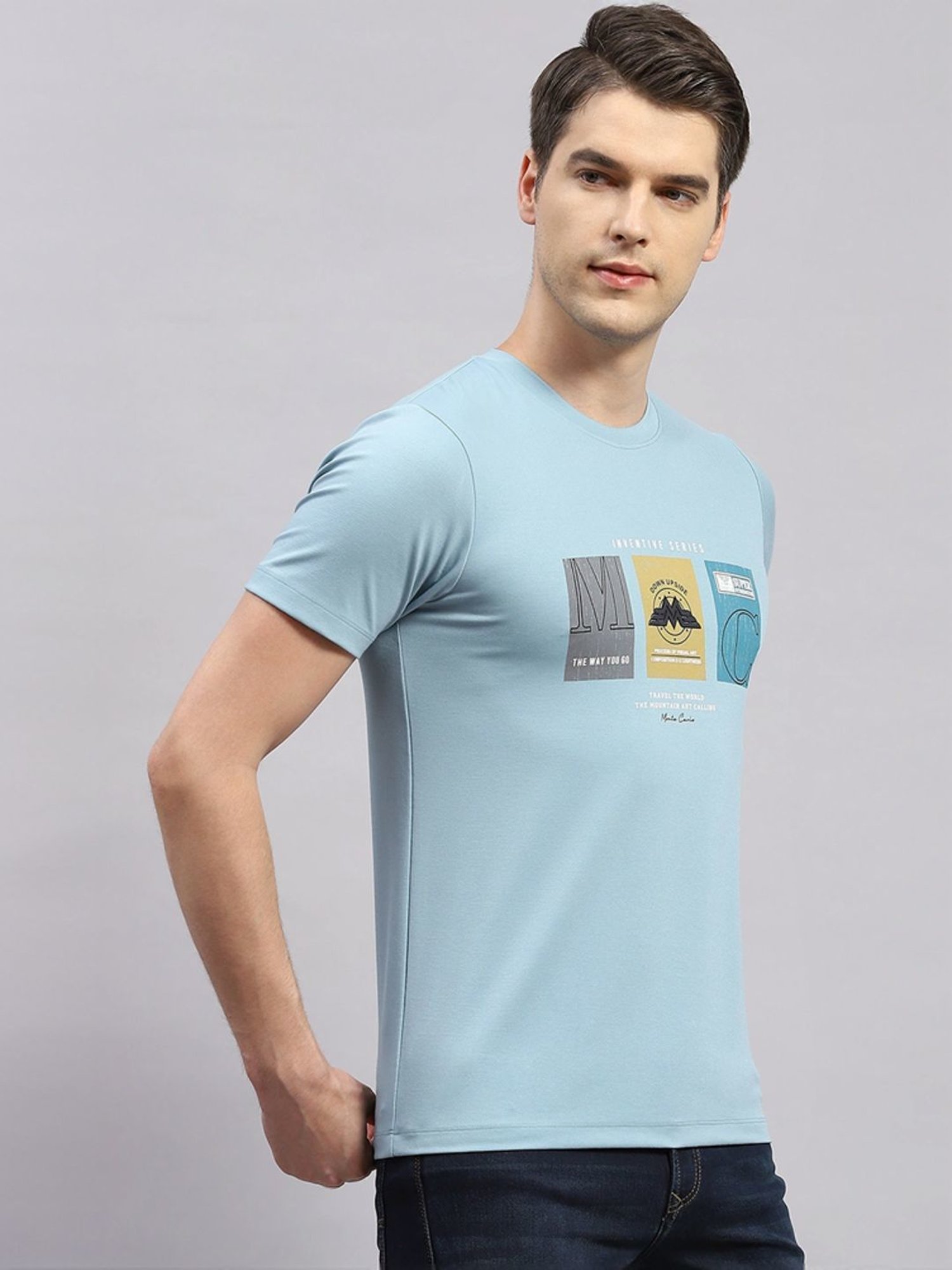 Monte Carlo Sky Blue Regular Fit Printed T-Shirt