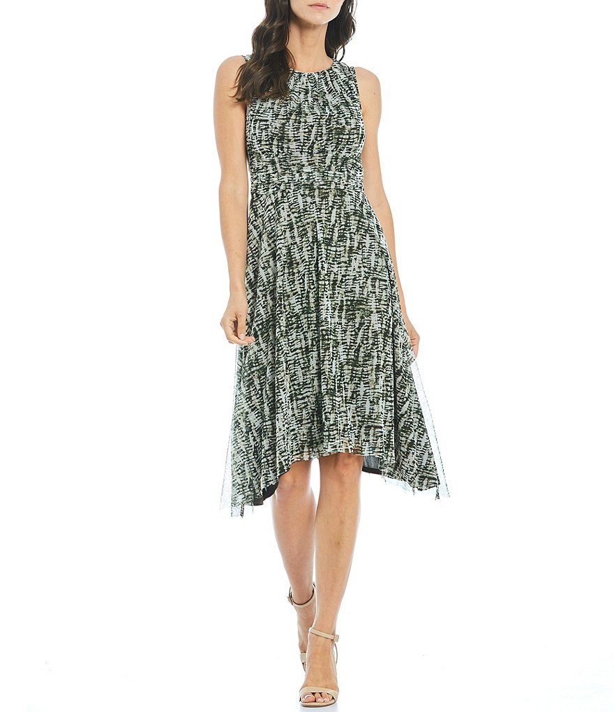 Jessica Howard Shirred Jewel Neck Sleeveless Printed Mesh Midi A-Line Dress