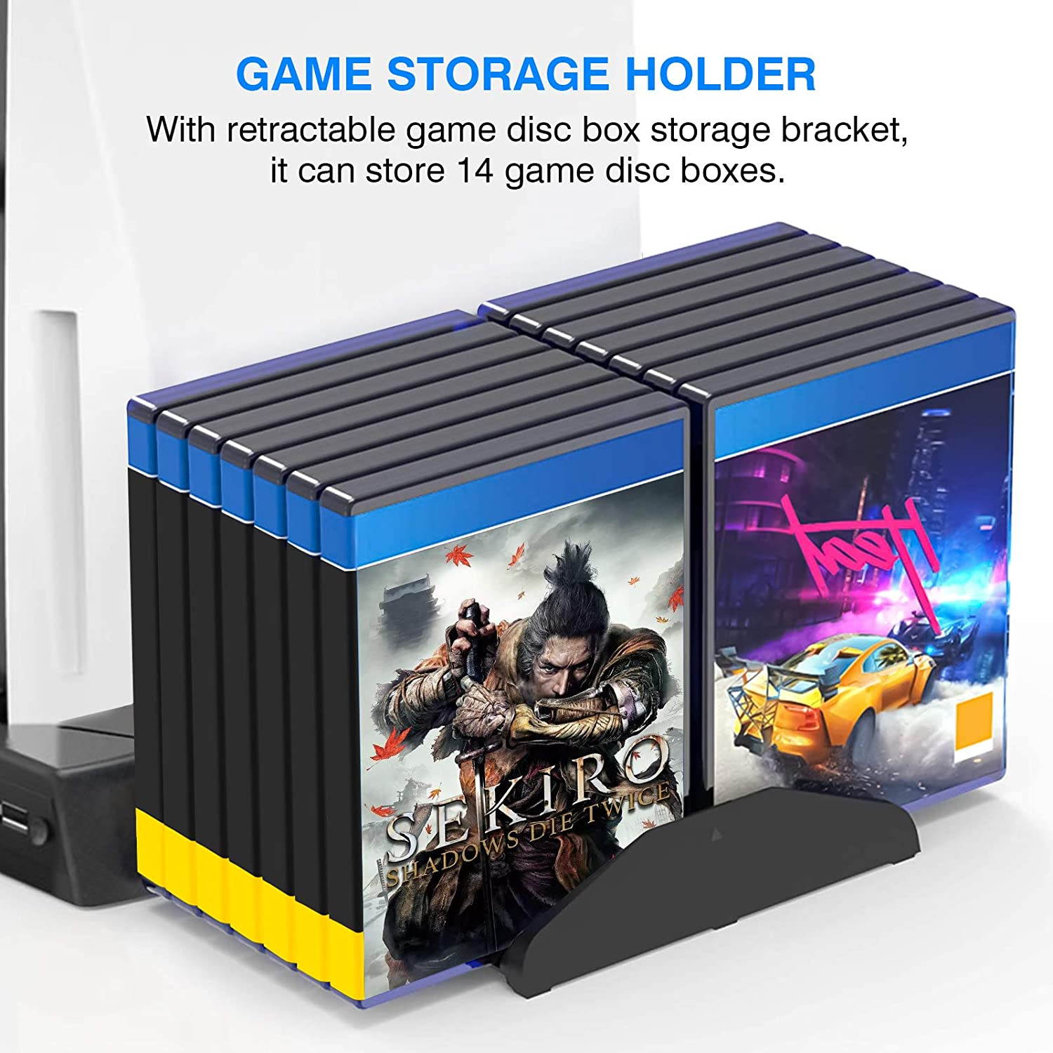 Rome Care Charging Stand for PS5 with Cooling Fan, Multi-Function Charger Station with 2 Controller Charging Docks, LED Indicators, 3 USB Ports and Retractable Game Storage Bracket