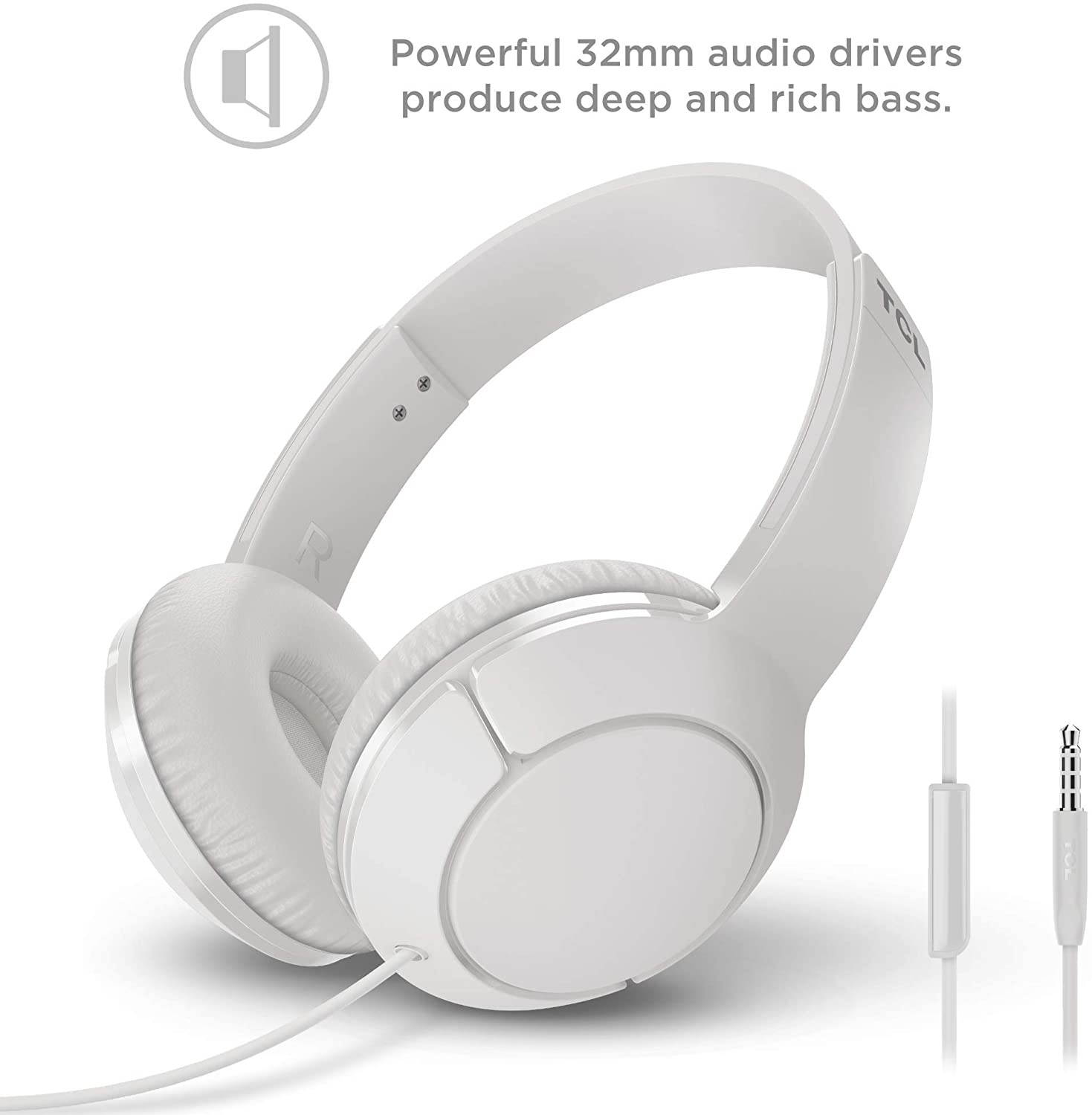 TCL MTRO200 On-Ear Wired Headphones Super Light Weight Headphones with 32mm drivers for Huge Bass and Built-in Mic &ndash; Ash White