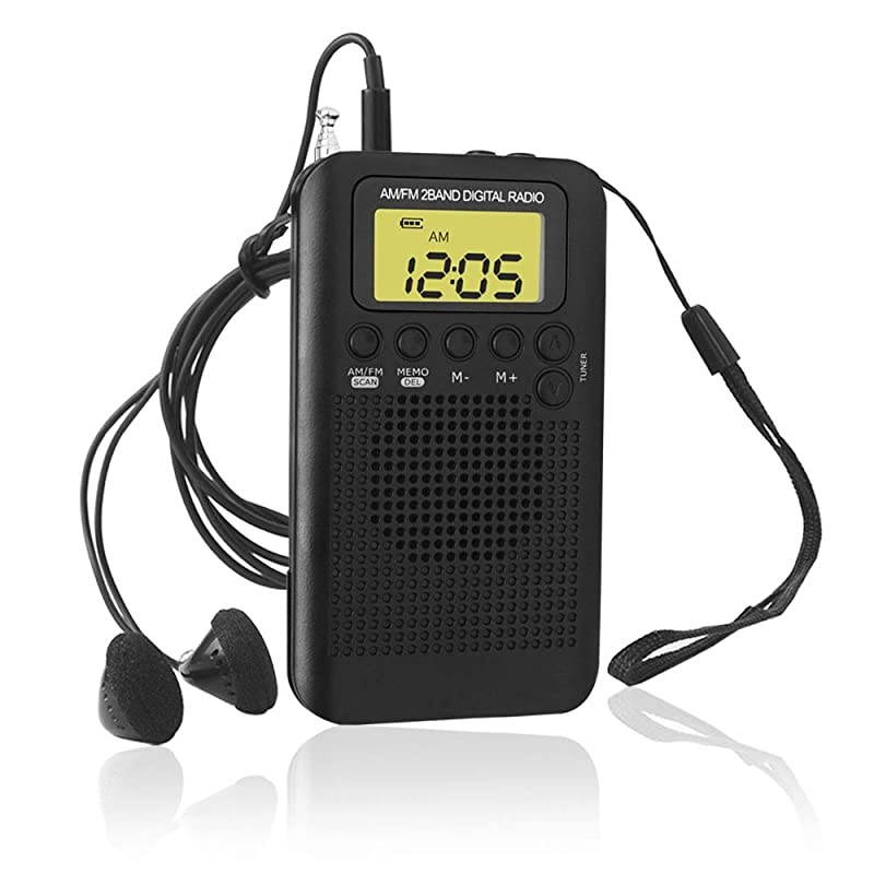 Portable Pocket Digital Radio with Earbud Headphones  Battery Operated Sleep Timer Preset AMFM Radio and in Ear Earphone for Walking Hiking Camping