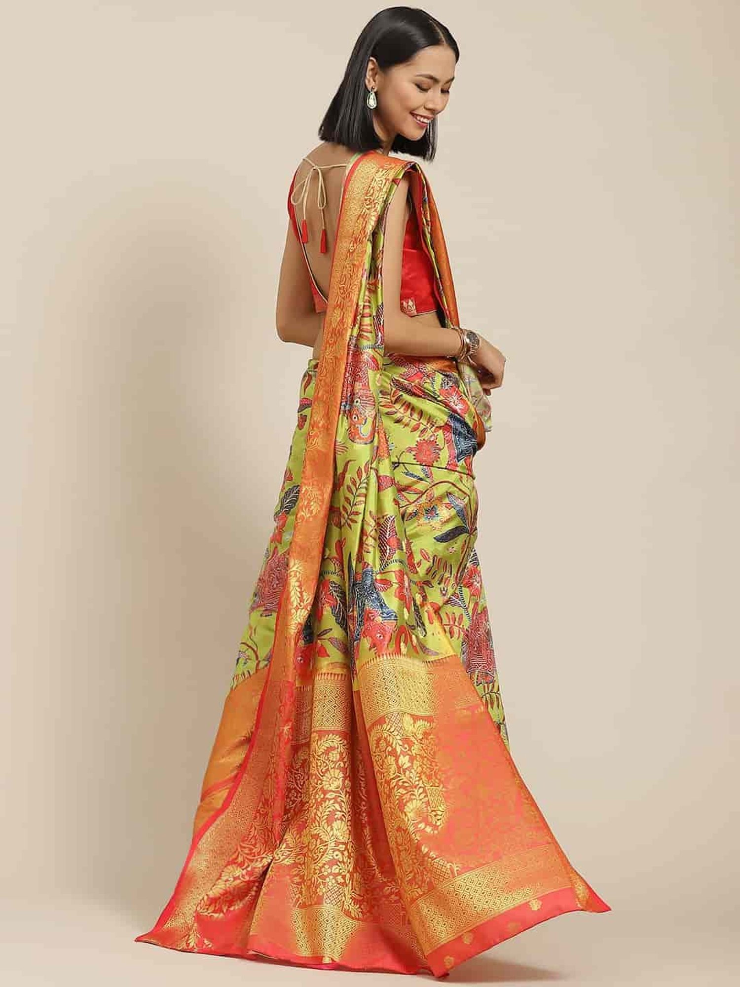 Silk Land Green Silk Floral Print Saree With Unstitched Blouse