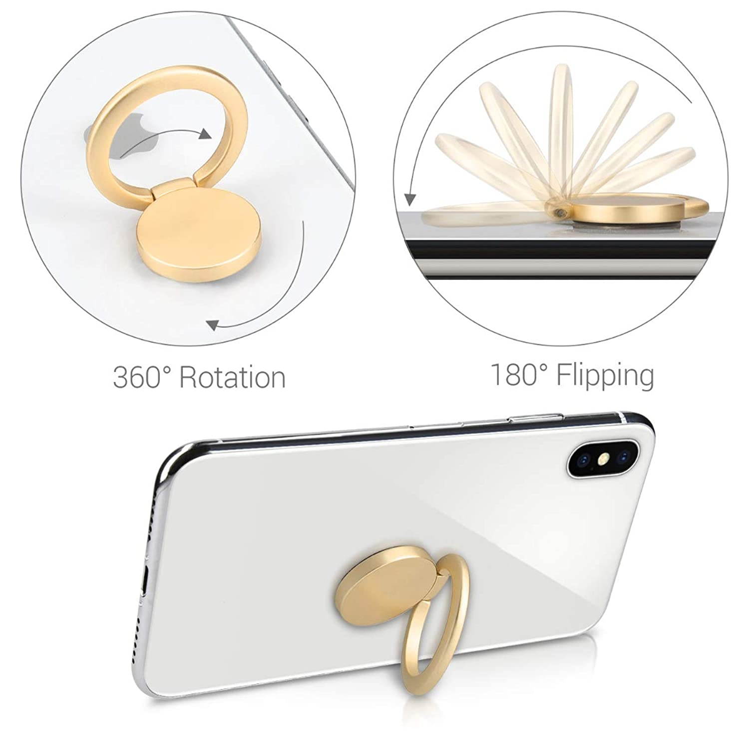 kwmobile Phone Ring Holder Stand - Gold Finger Grip and Kickstand for Cases and Back of Phones - Self-Adhesive Stick-On Mount - Round Design