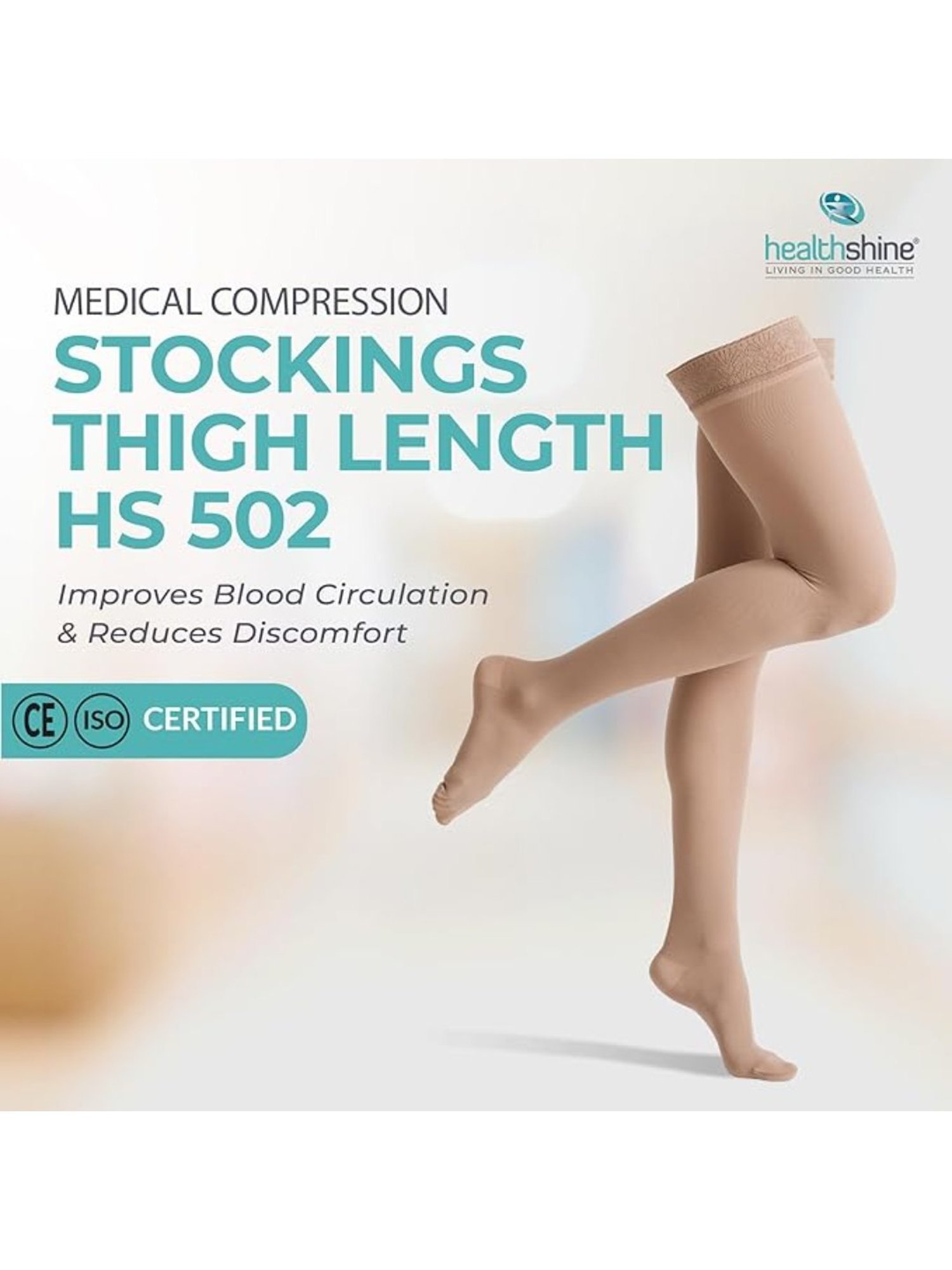 Healthshine Medical Compression Stockings Class II Thigh Length for Men and Women, Large (Beige)