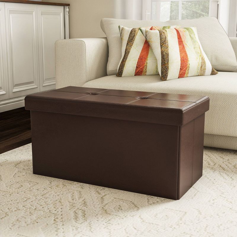 Large Foldable Storage Bench Ottoman Faux Leather Brown - Yorkshire Home
