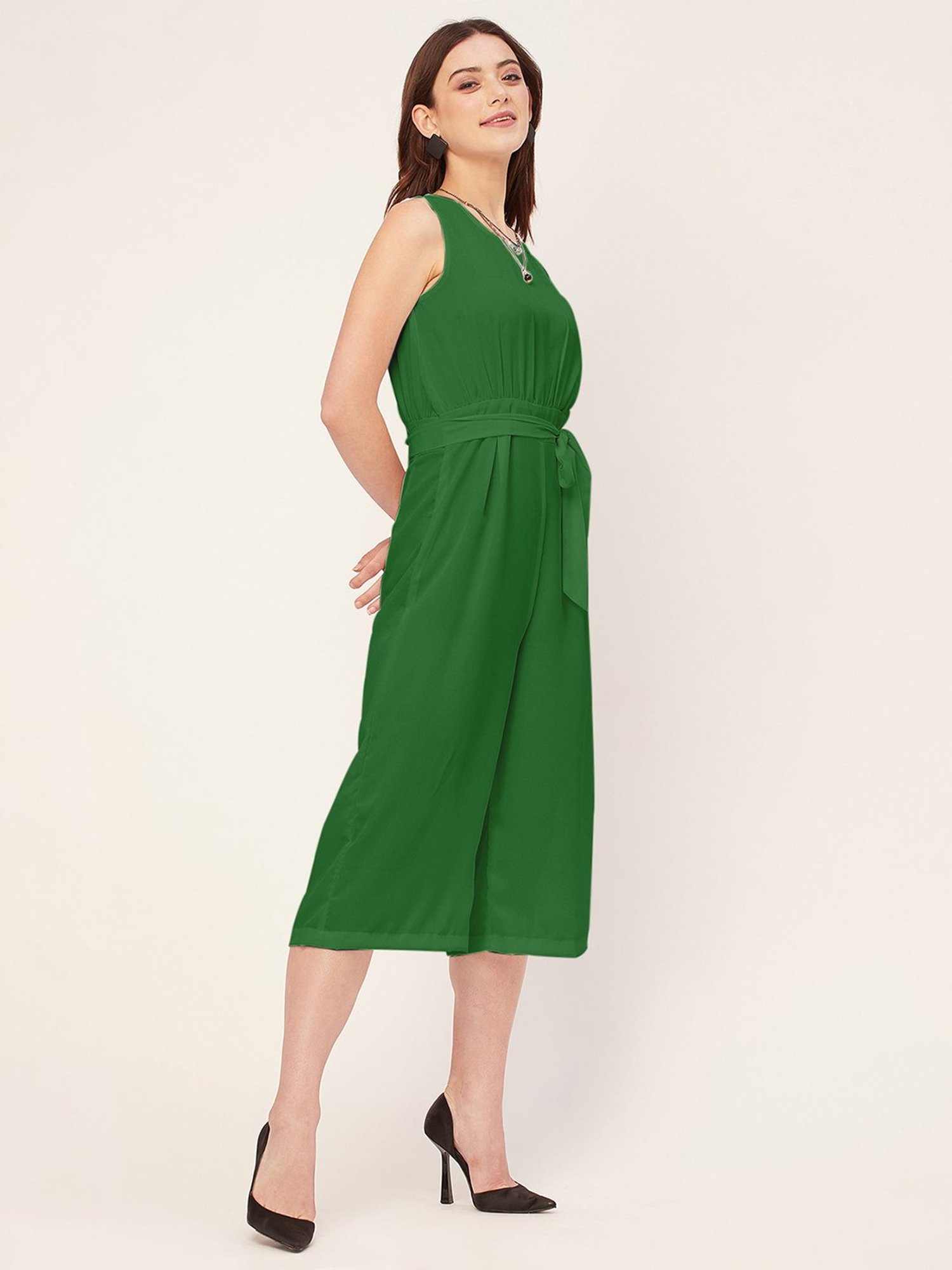 Moomaya Green Georgette Midi Jumpsuit