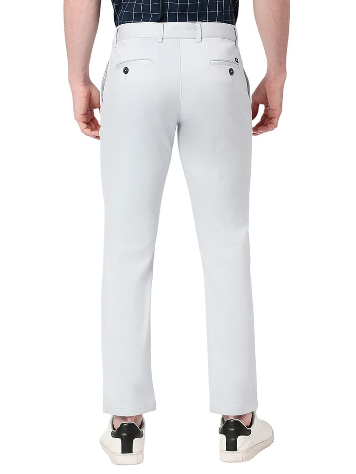 Basics Light Blue Cotton Tapered Fit Texture Trousers