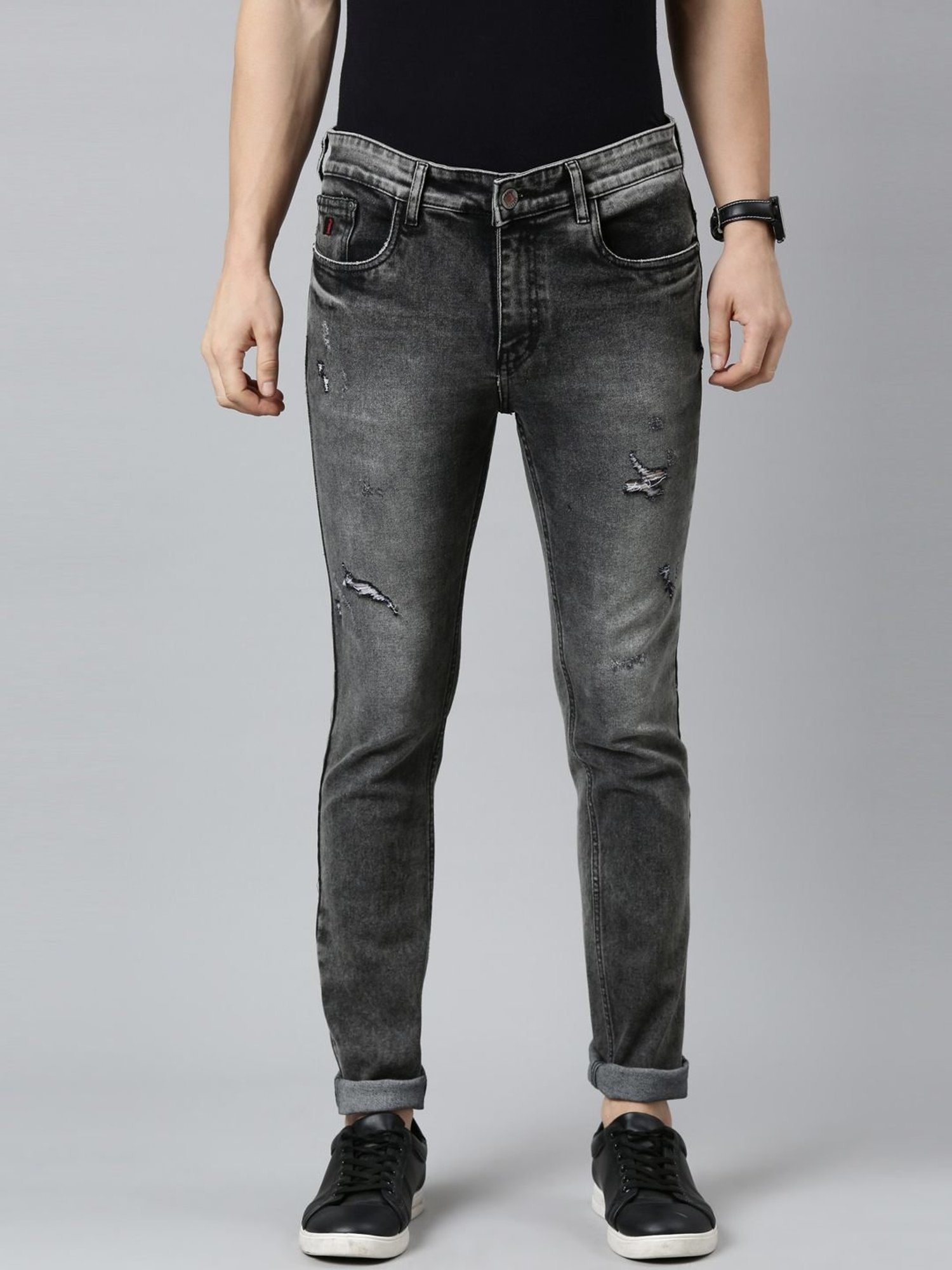 CINOCCI Mid Black Cotton Slim Fit Distressed Jeans