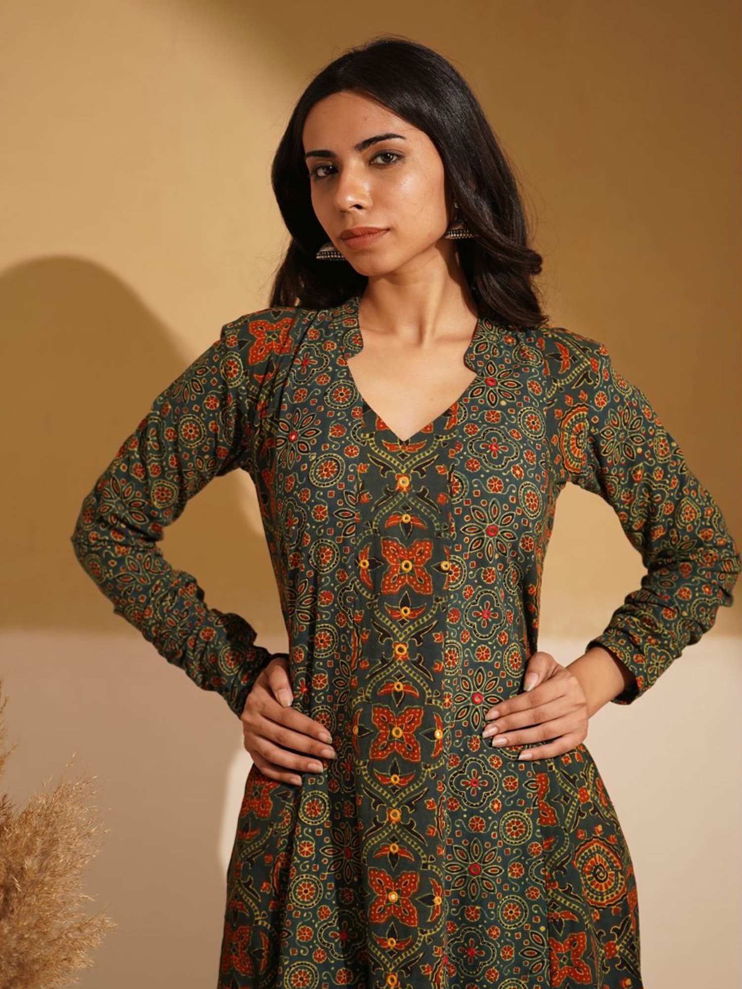 Love Chic Green Ajrakh Cotton Kalidaar Flare Kurta