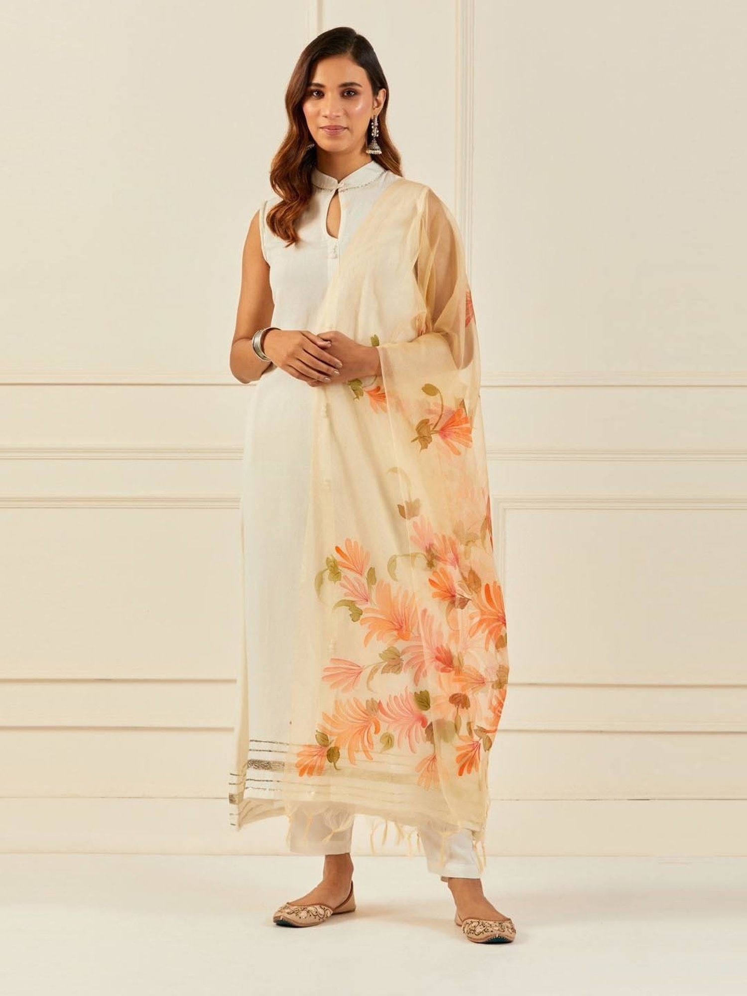 Geroo Jaipur Yellow Hand-Painted Organza Dupatta with Tassels