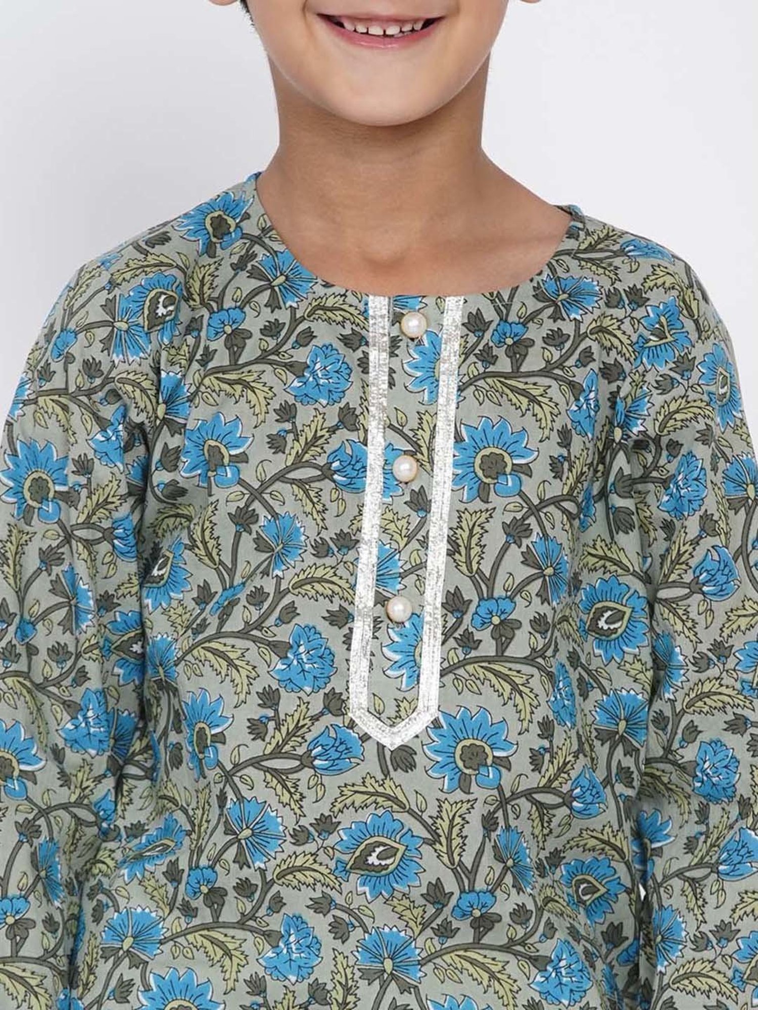 Little Bansi Kids Green & Cream Cotton Floral Print Kurta Set