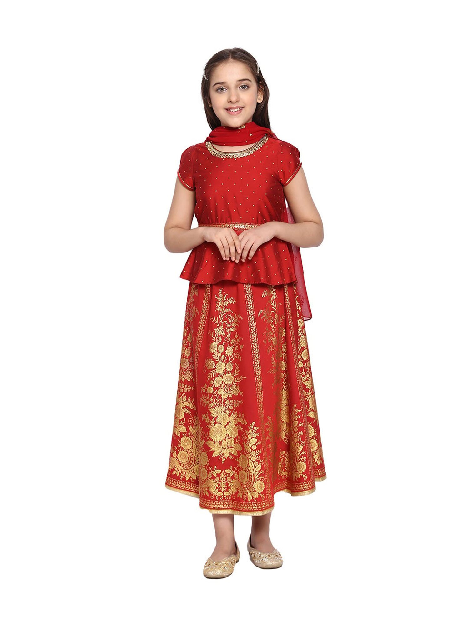 Aurelia Kids Red Embellished Top, Skirt with Dupatta