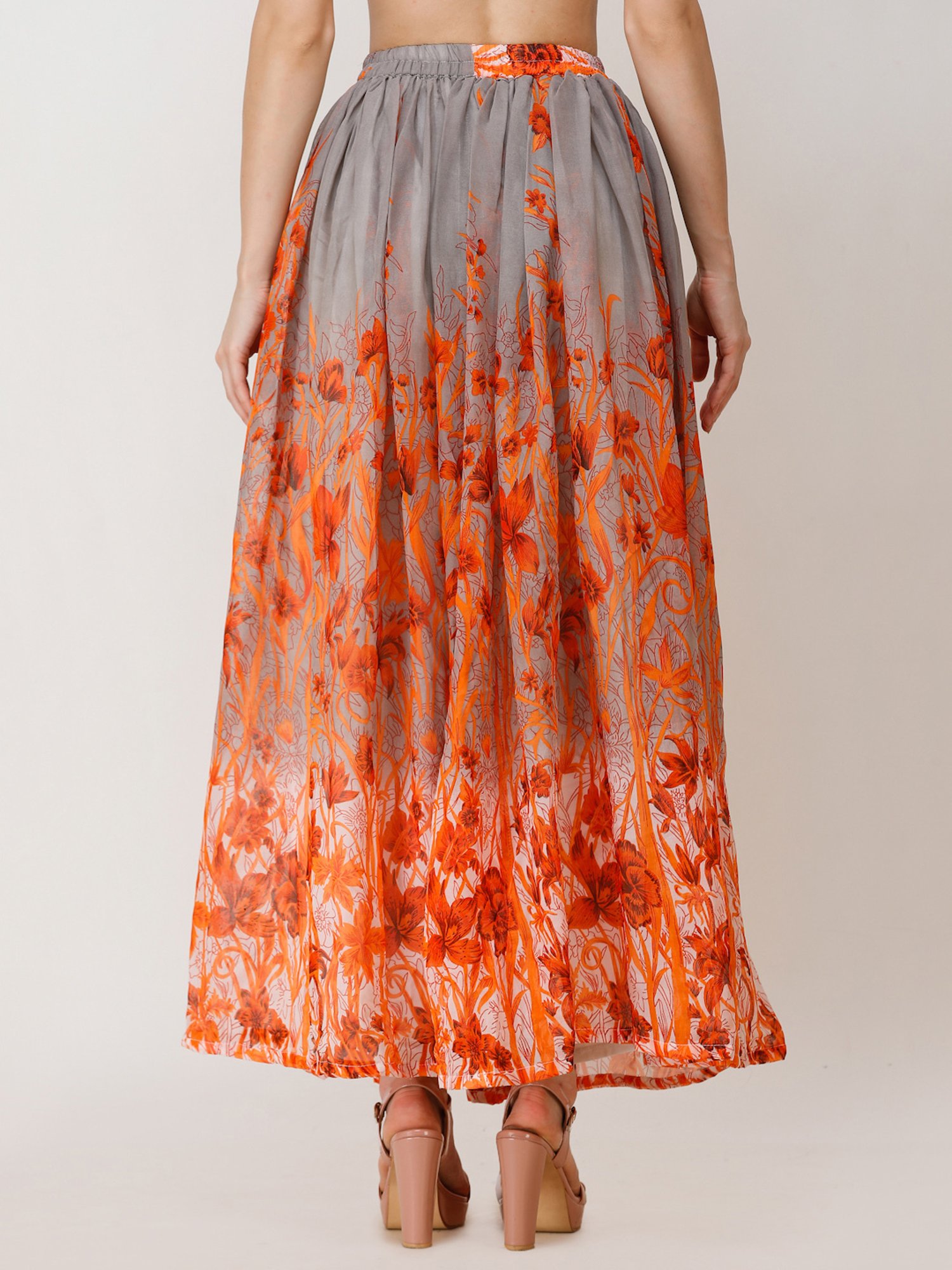Scorpius Grey & Orange Georgette Floral Print Skirt