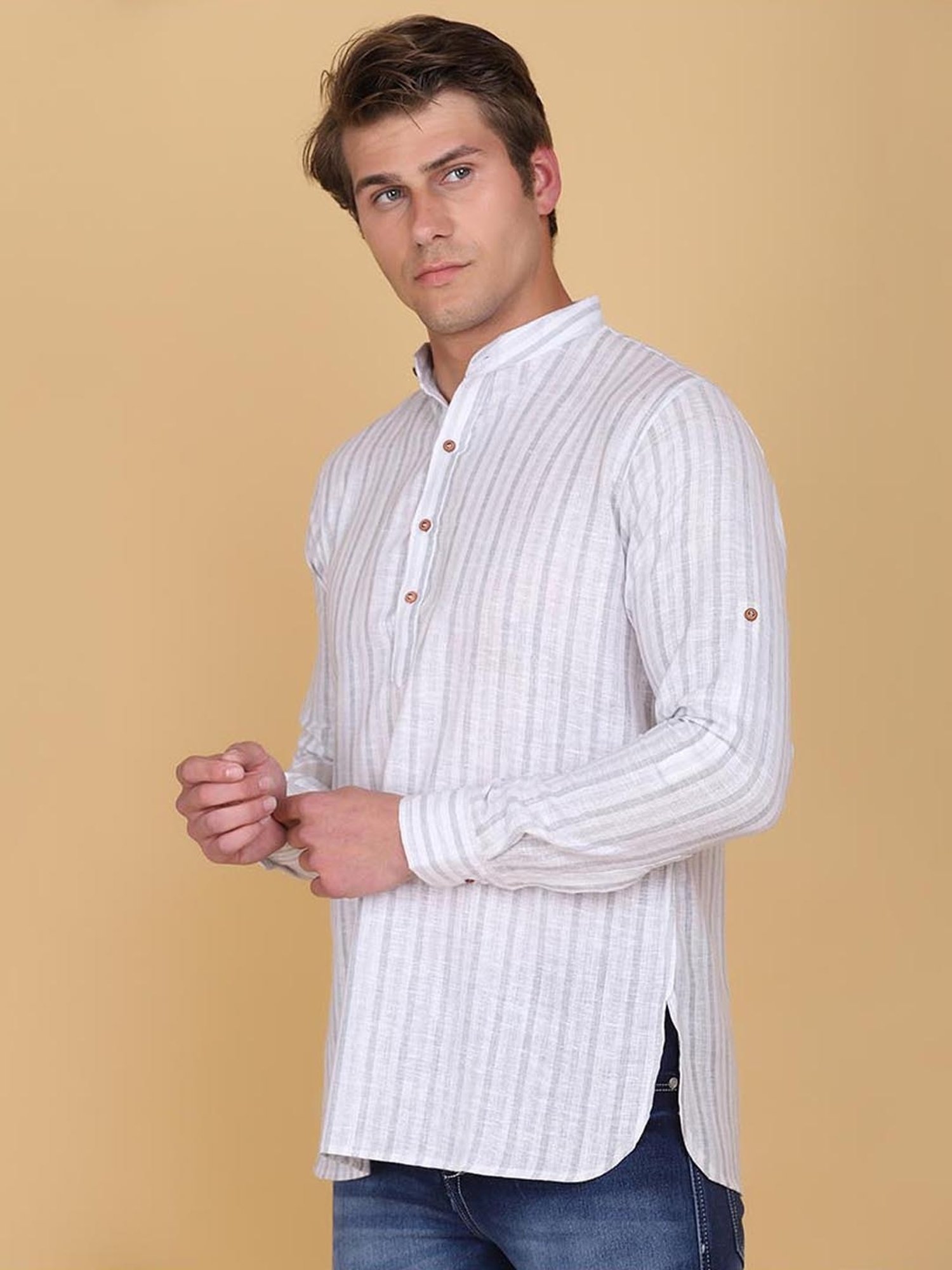 TAHVO Grey Cotton Slim Fit Striped Shirt