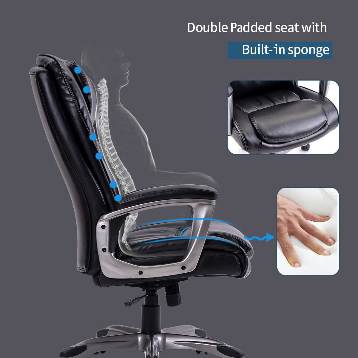 Homeoffice High-Back PU Leather Chair with Casters, Swivel, Adjustable Office Desk Chair, Black