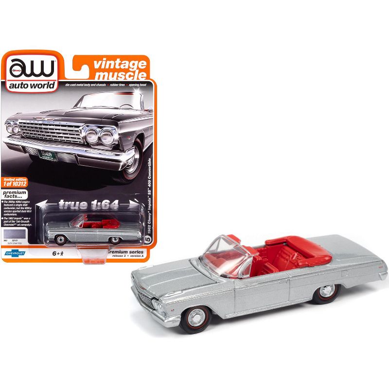1962 Chevrolet Impala SS 409 Convertible Satin Silver Metallic with Red Interior Limited Edition to 10312 pieces 1/64 Diecast Model Car by Autoworld