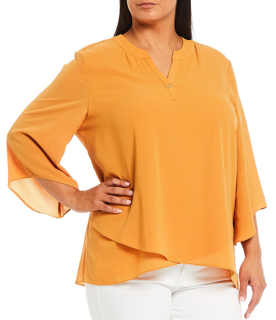 Calessa Plus Size 3/4 Flute Sleeve Split Round Neck Crossover Hem Pebble Crepe Tunic