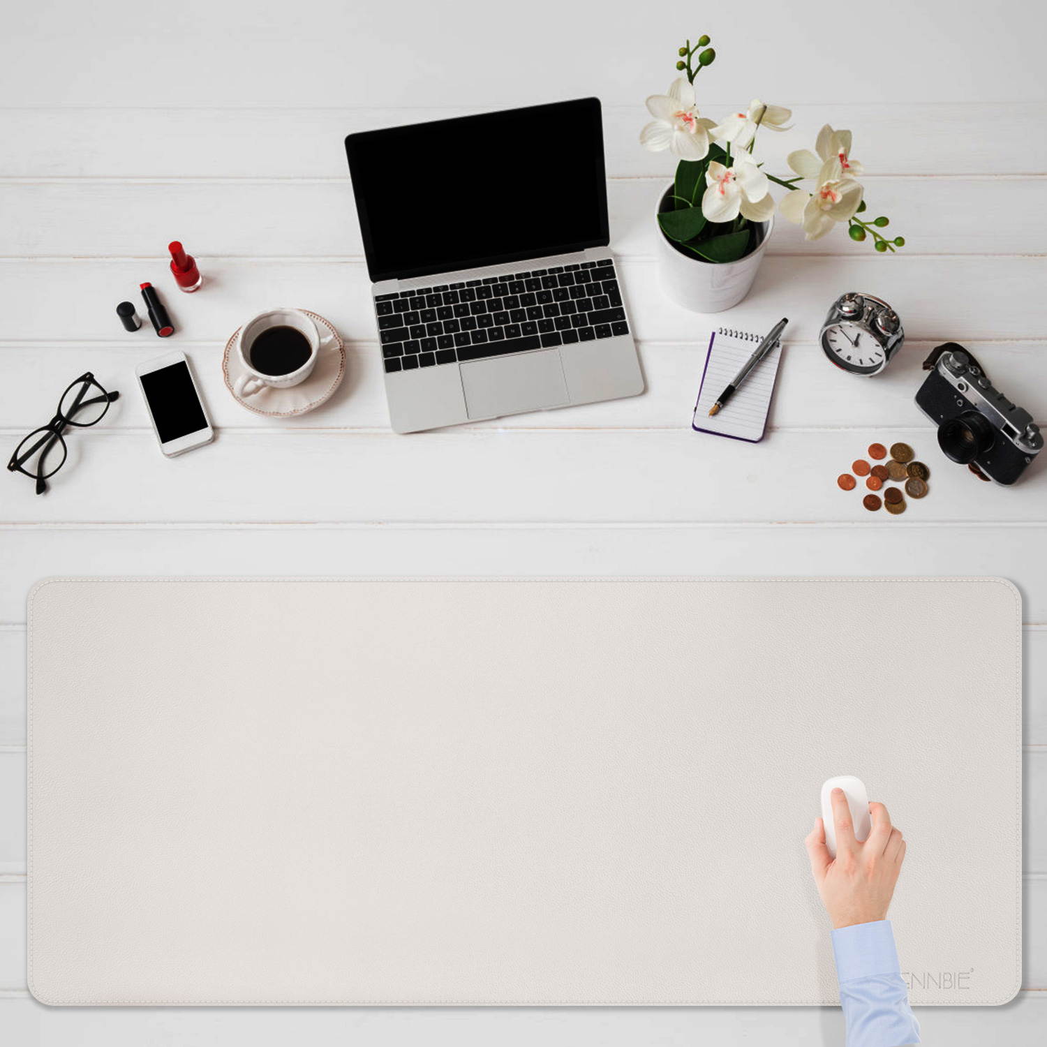 Large PU Leather Desk Pad 130*60cm Keyboard Mat Mousepad Non-slip Gaming Desktop Office Desk Mat for Game Player PC Computer - White