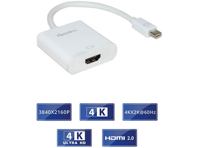 XtremPro 11167 Mini Displayport to HDMI 2.0 Adapter, Mini DP to HDMI Adapter, Supports PC, Mac, displays 4K, UHD, 4K2K 3840x2160@60Hz, Up to 6 Displays - White