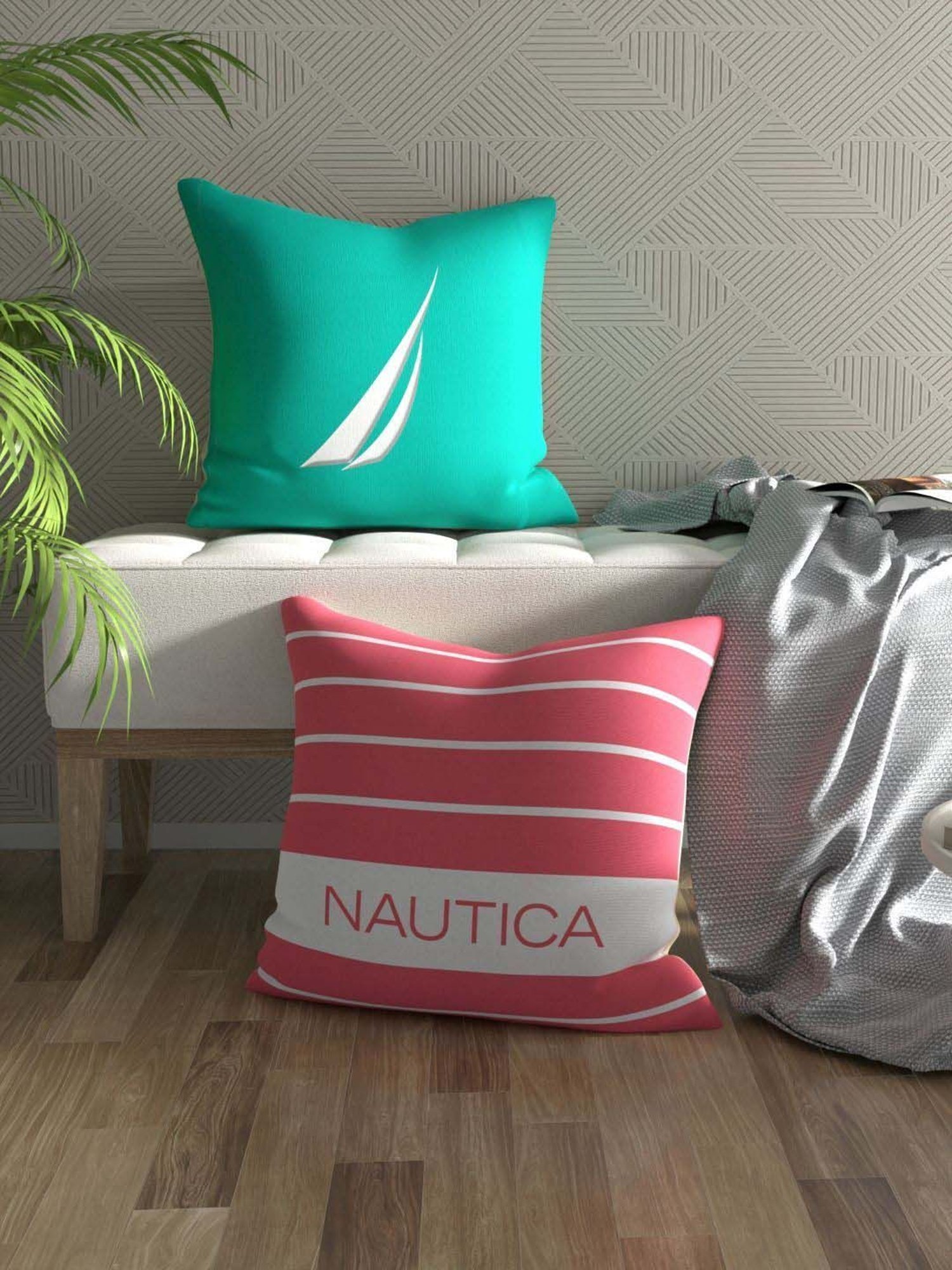 Nautica Logo Stripe Mint & Coral Microfibre 300 GSM Premium Cushion Covers - Set of 2
