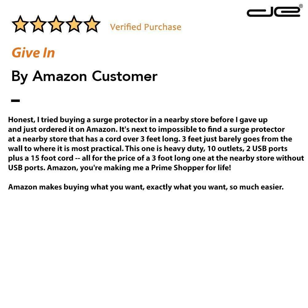 Digital Energy 15-ft Heavy Duty 10-Outlet 3500 Joules Surge Protector Power Strip, 15 Foot Long Extension Cord, Two USB Charging Ports, Coaxial, Phone Protection, ETL Listed. 15 AMP