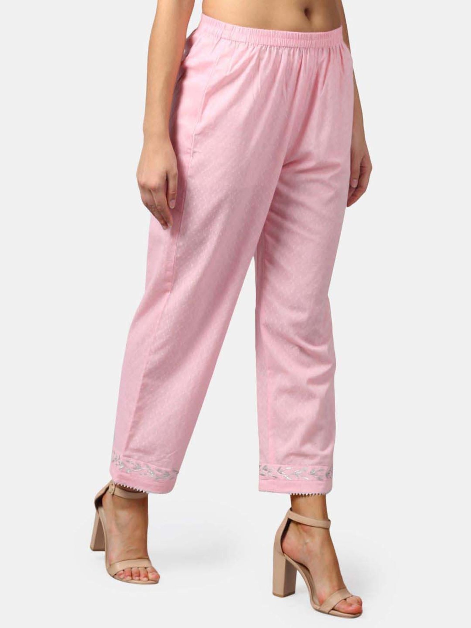 DART STUDIO Pink Cotton Embroidered Palazzos